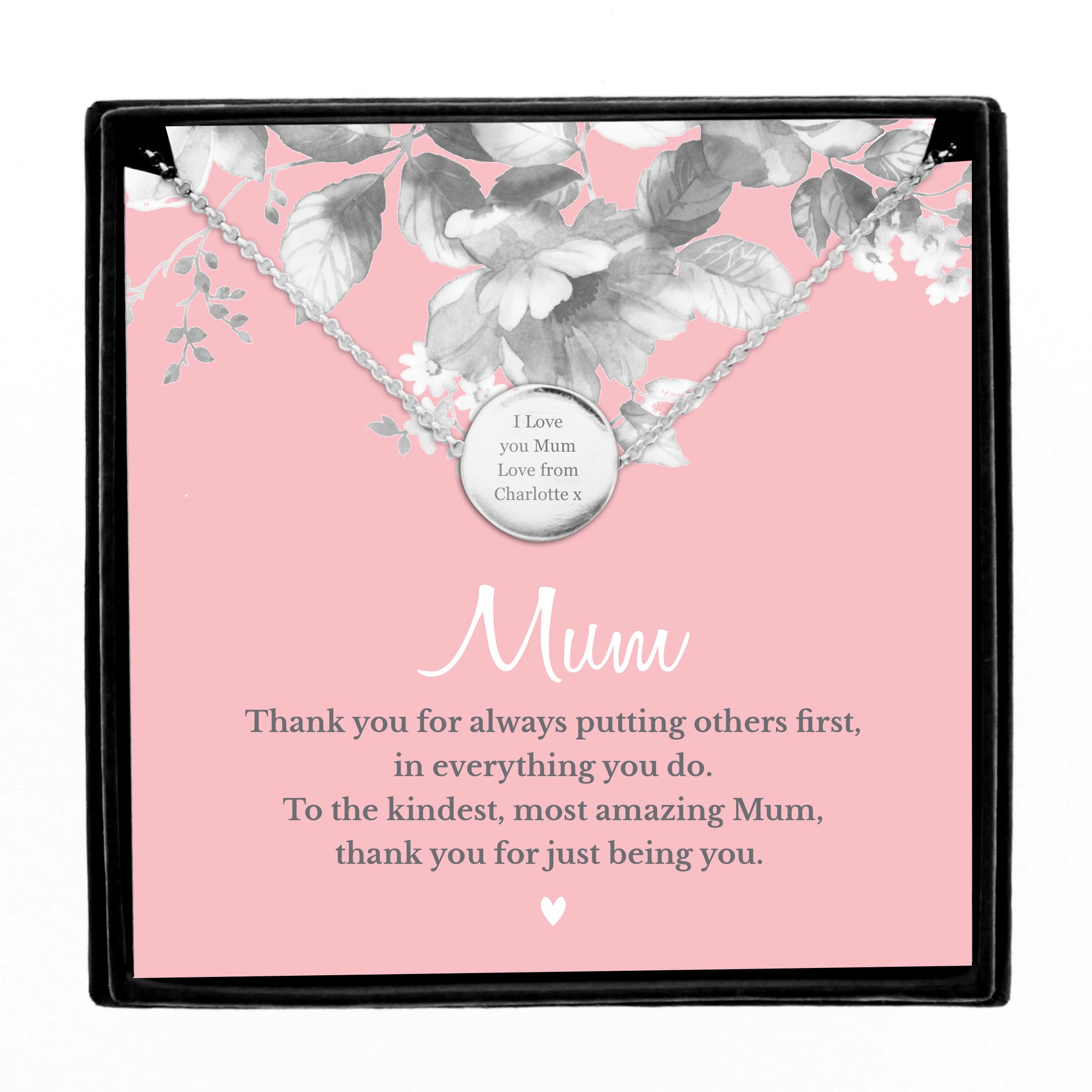 Personalised Silver Tone Necklace | ‘Mum’ Sentiment Gift Box for Mother’s Day & Special Occasions - Artfully Curated Creations and identify whats in the image