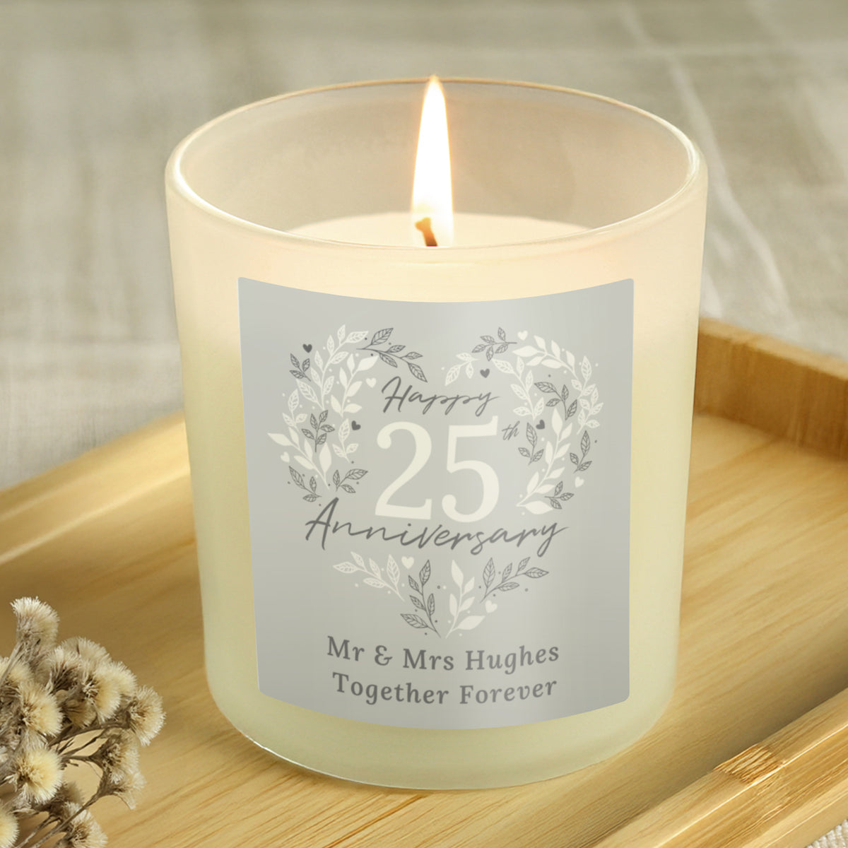 Personalised 25th Anniversary Vanilla Candle Jar | Silver Anniversary Keepsake - Artfully Curated Creations and identify whats in the image