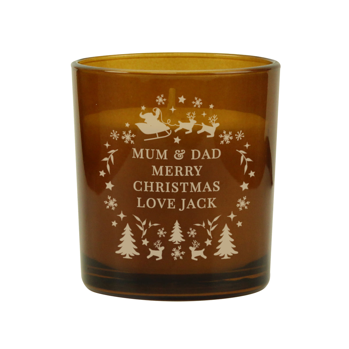 Personalised Amber Glass Vanilla Candle Jar | Custom Christmas Gift - Artfully Curated Creations and identify whats in the image