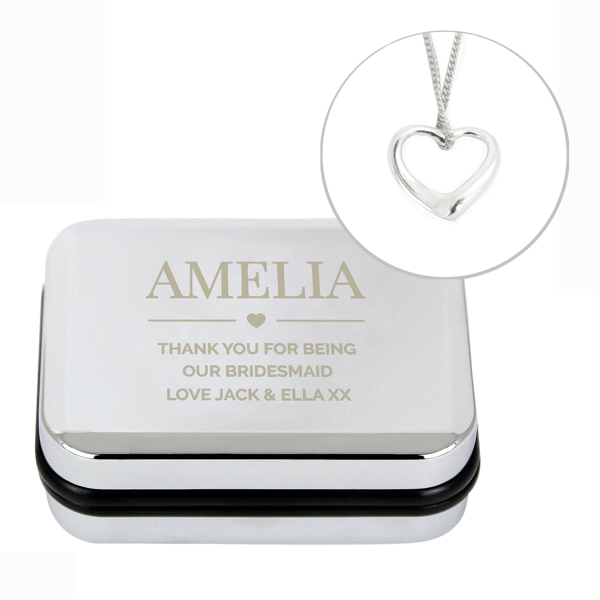 Personalised Sterling Silver Heart Necklace | Engraved Chrome Gift Box - Artfully Curated Creations and identify whats in the image