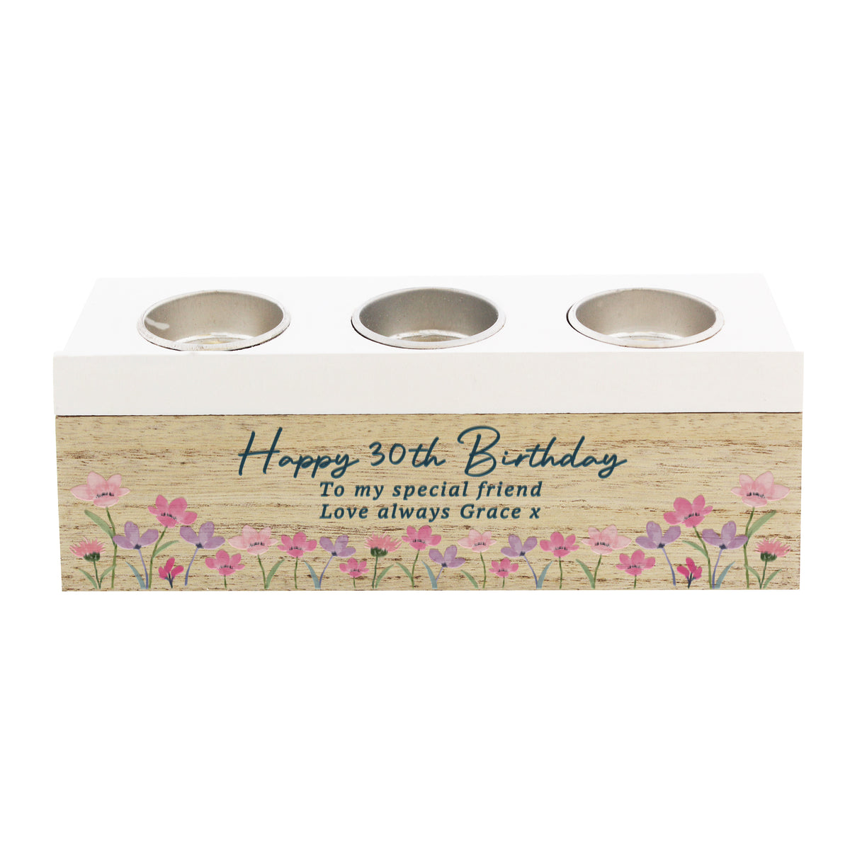 Personalised Shabby Chic Floral Tea Light Box | Custom Message Wooden Gift - Artfully Curated Creations and identify whats in the image