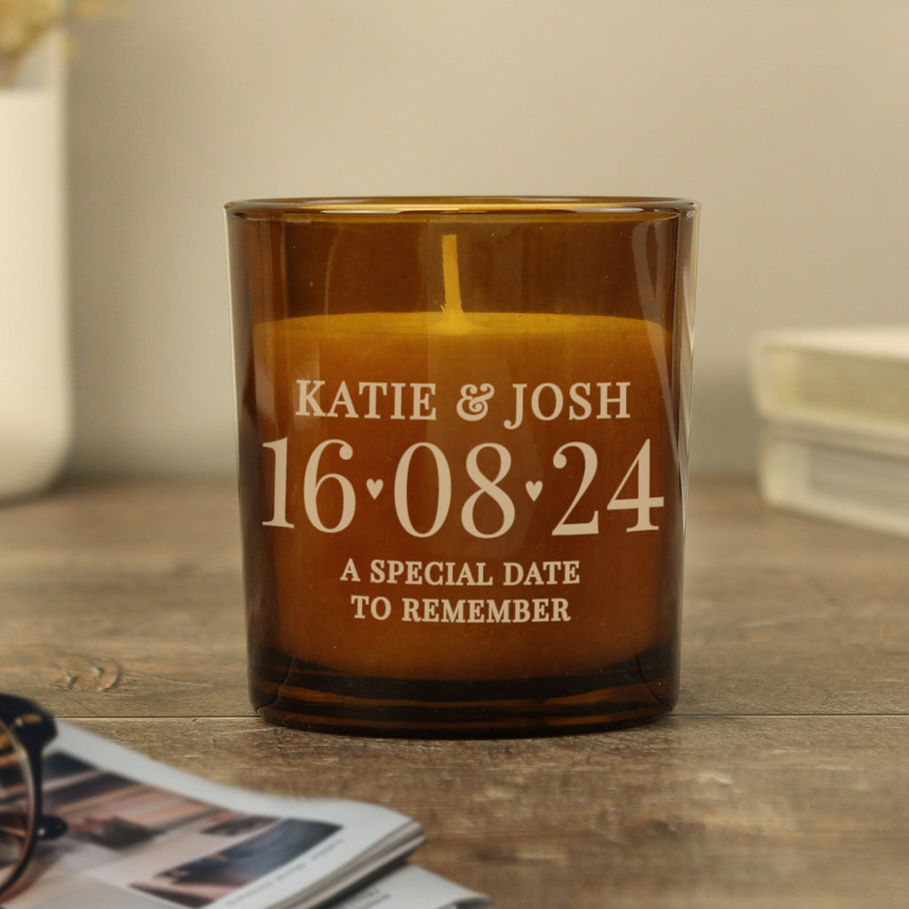 Personalised  Date Amber Glass Vanilla Candle Jar | Wedding & Anniversary Keepsake