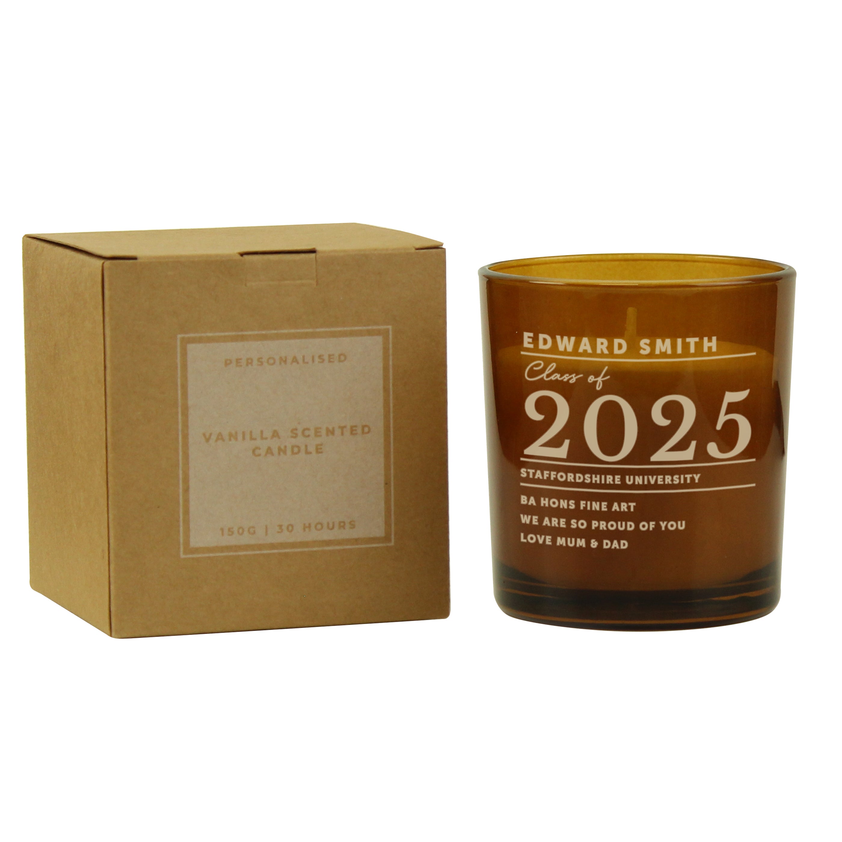 Personalised Amber Glass Vanilla Candle Jar | Graduation Keepsake Gift