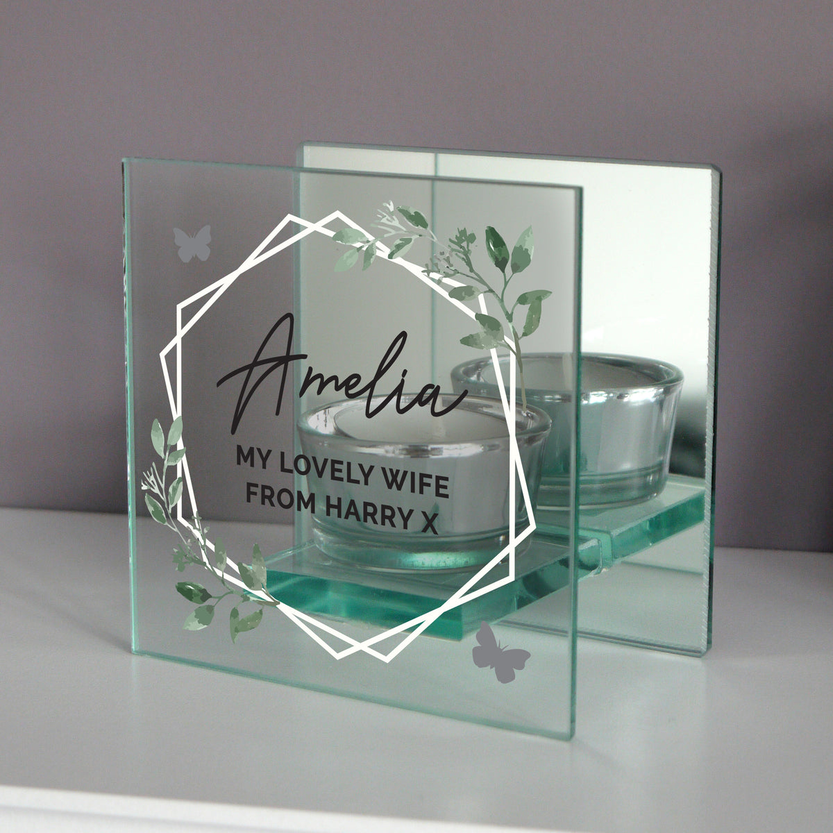 Personalised Mirrored Glass Tea Light Holder | A Modern & Thoughtful Gift - Artfully Curated Creations and identify whats in the image