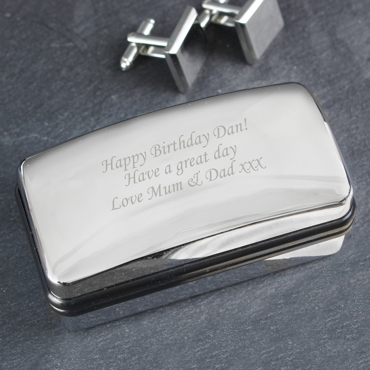 Personalised Silver Cufflink Box | Engraved Keepsake Gift for Weddings, Birthdays & Father’s Day - Artfully Curated Creations and identify whats in the image