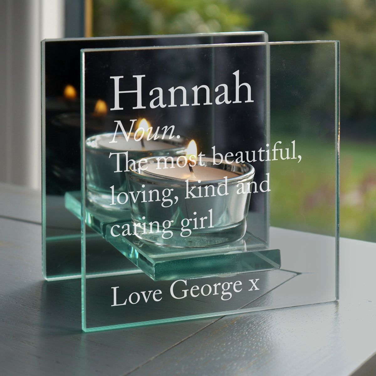 Personalised Mirrored Glass Tea Light Holder | A Stylish Gift for Any Occasion - Artfully Curated Creations and identify whats in the image