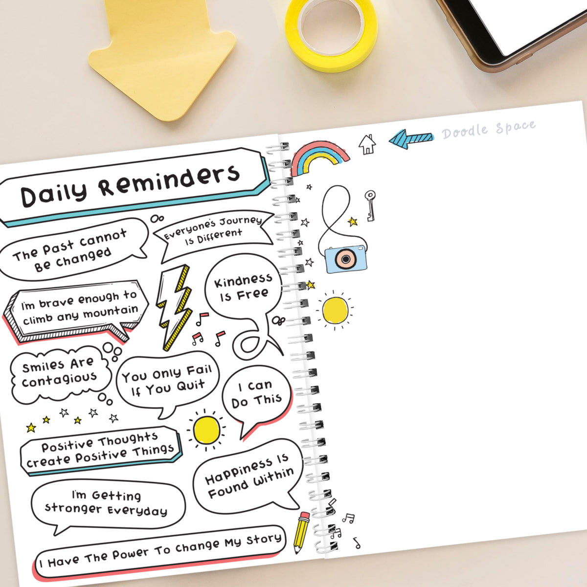Daily reminders notebook with motivational quotes on a desk with office supplies.