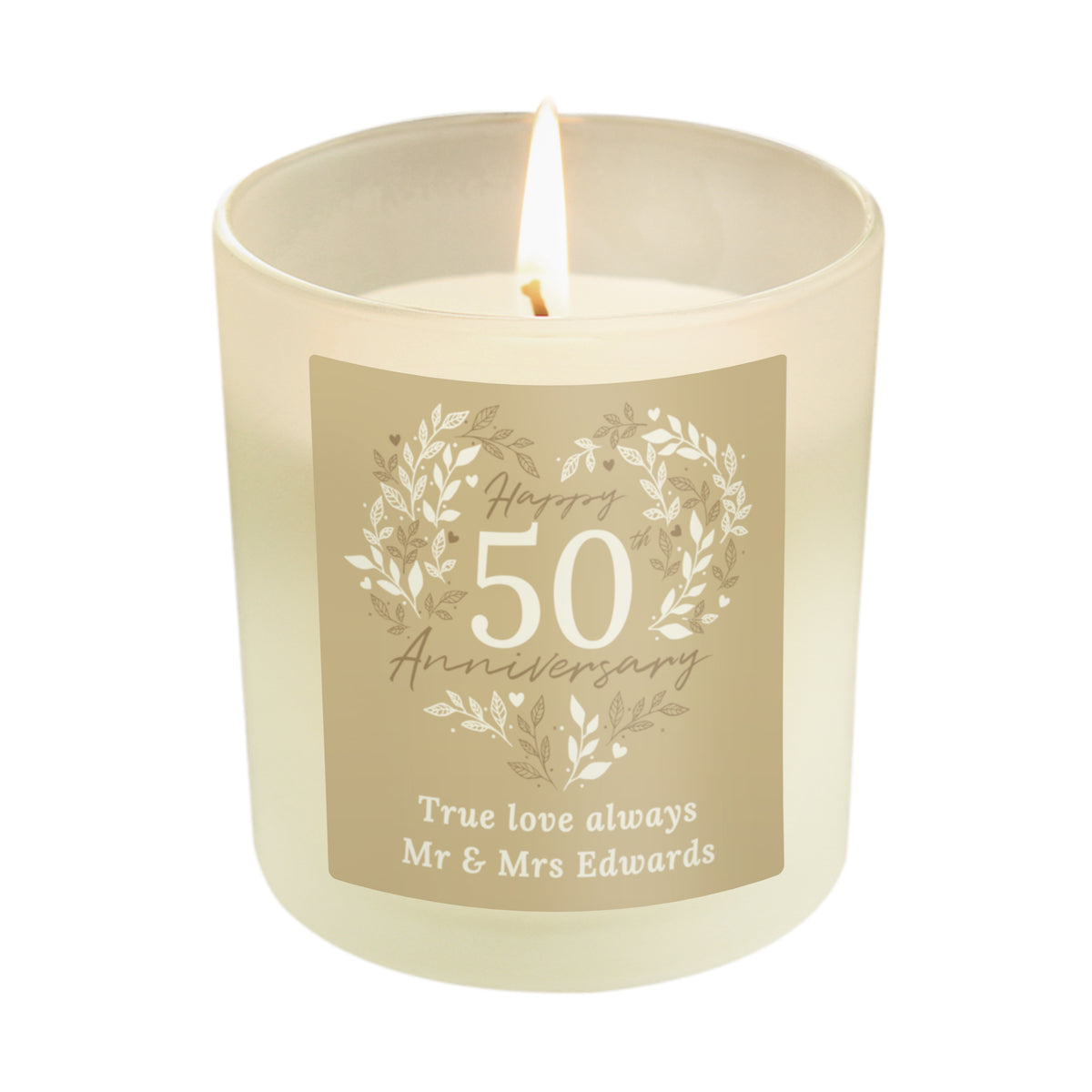 Personalised 50th Anniversary Vanilla Candle Jar | Golden Anniversary Keepsake - Artfully Curated Creations and identify whats in the image
