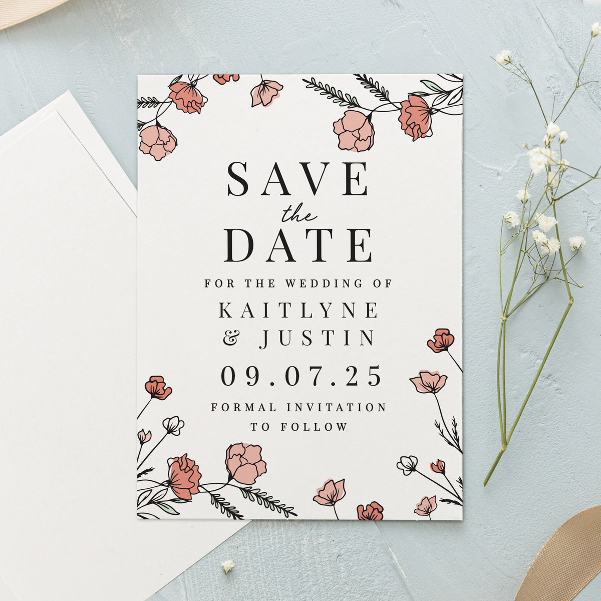 Personalised Pink Floral Save the Date Cards | A Stylish Way to Announce Your Wedding - Artfully Curated Creations and identify whats in the image