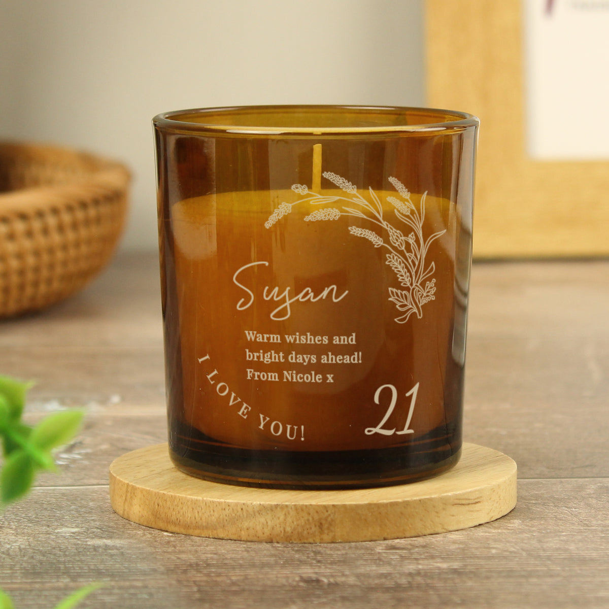 Personalised Amber Glass Vanilla Candle Jar | Birthday Keepsake Gift - Artfully Curated Creations and identify whats in the image