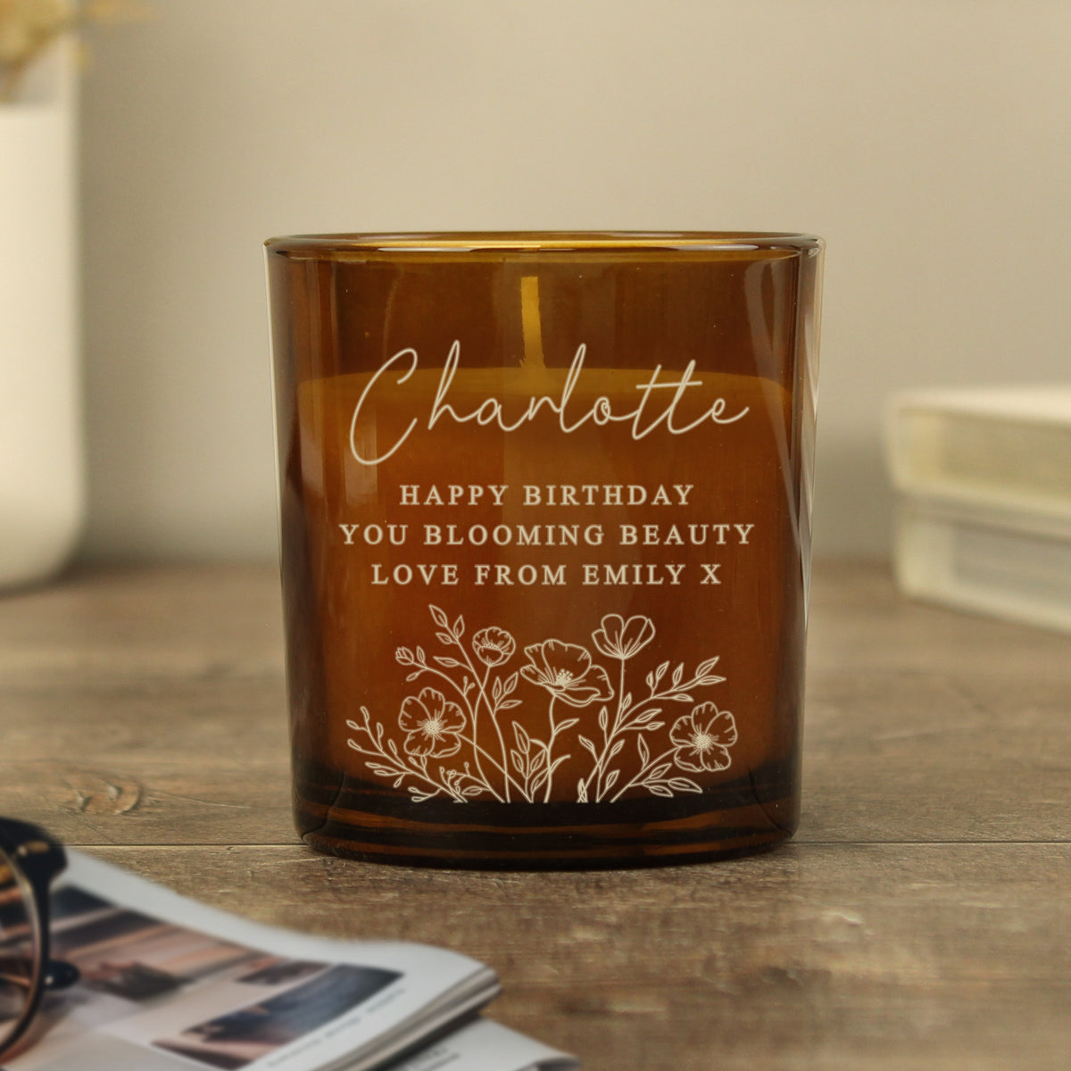 Personalised Floral Amber Glass Vanilla Candle Jar | Custom Message Gift for Any Occasion - Artfully Curated Creations and identify whats in the image