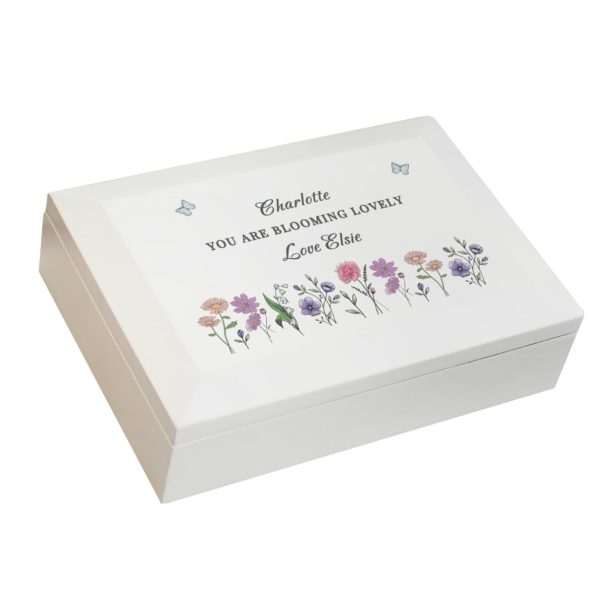 Personalised Wildflower White Wooden Jewellery Box | A Beautiful Keepsake for Cherished Treasures - Artfully Curated Creations and identify whats in the image