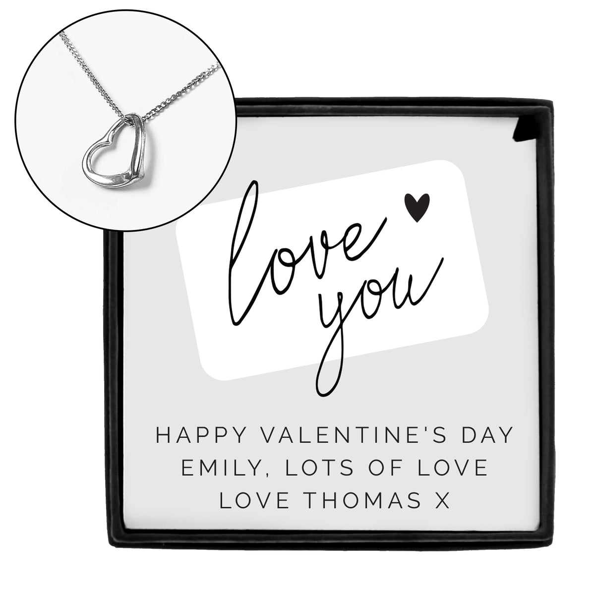 Personalised ‘Love You’ Silver Necklace | Engraved Sentiment Card & Gift Box - Artfully Curated Creations and identify whats in the image