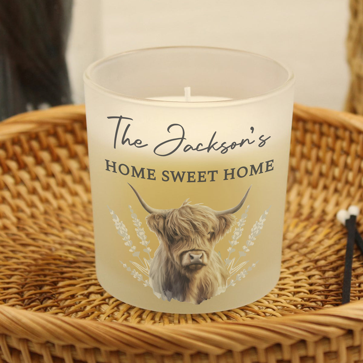 Personalised Highland Cow Vanilla Frosted Candle Jar | Custom Message Gift - Artfully Curated Creations and identify whats in the image