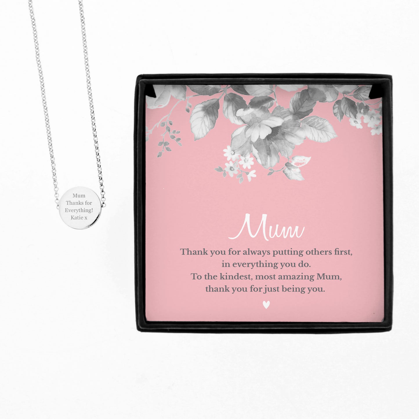 Personalised Silver Tone Necklace | ‘Mum’ Sentiment Gift Box for Mother’s Day & Special Occasions - Artfully Curated Creations and identify whats in the image