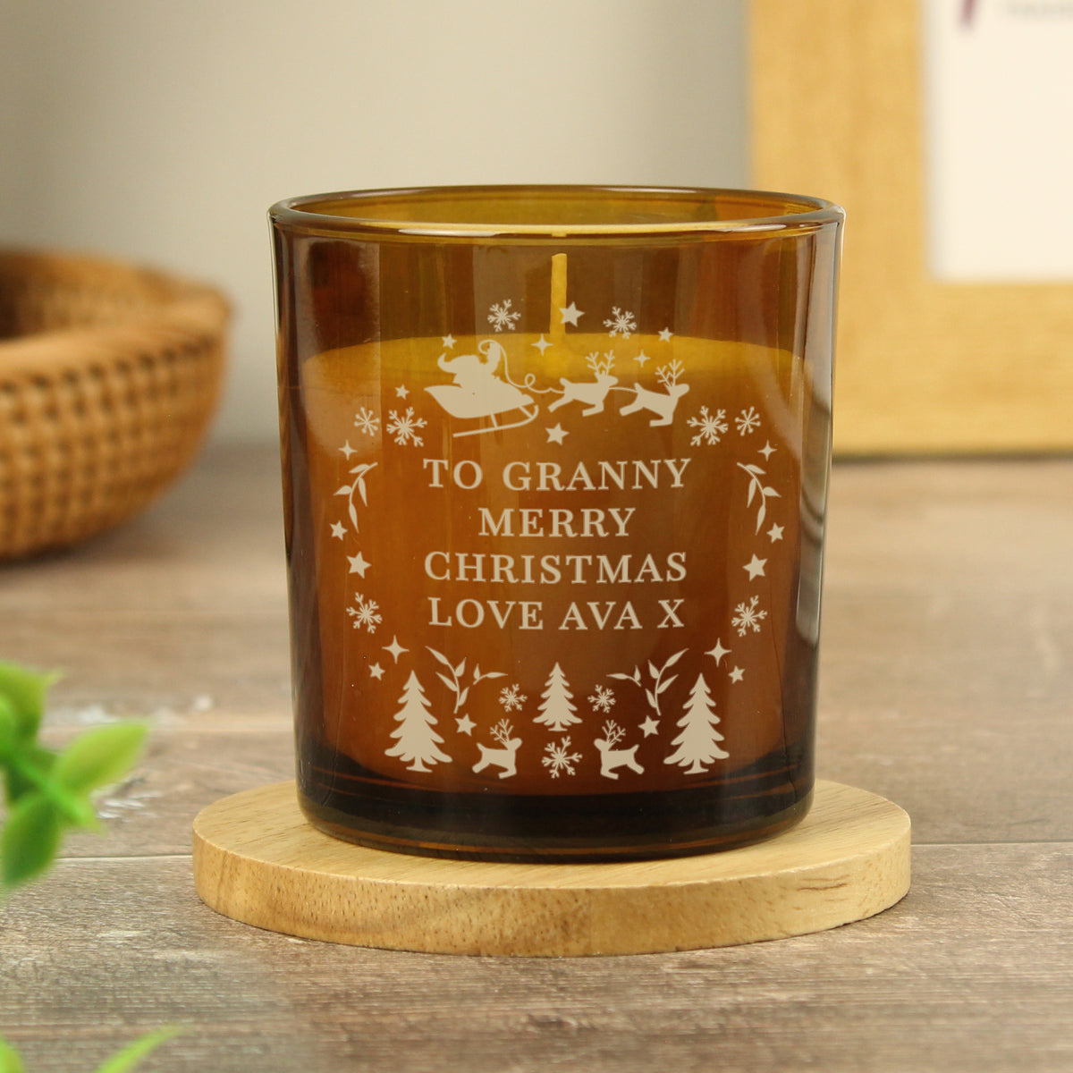 Personalised Amber Glass Vanilla Candle Jar | Custom Christmas Gift - Artfully Curated Creations and identify whats in the image