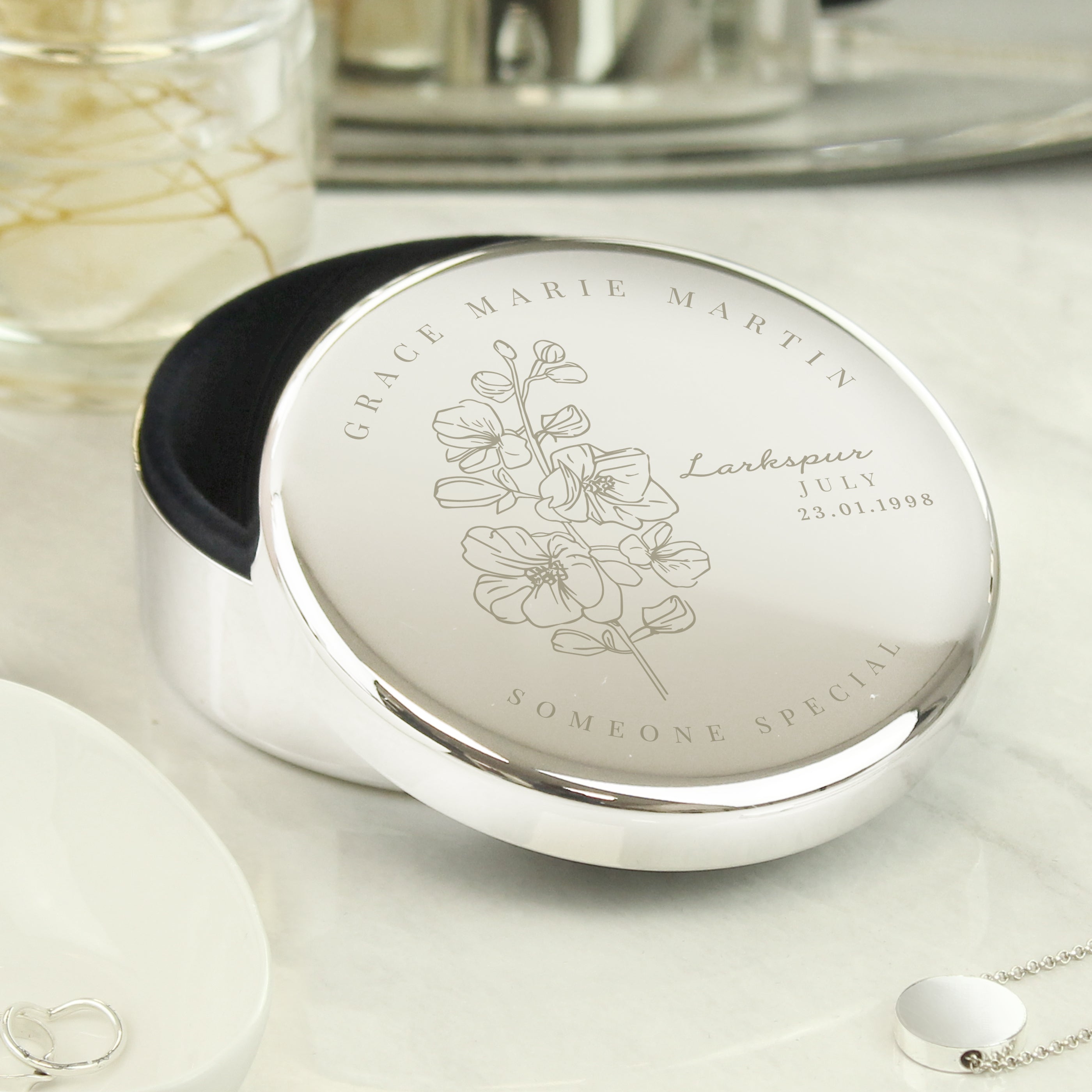 Personalised Birth Flower Round Trinket Box | A Meaningful Gift for Any Occasion