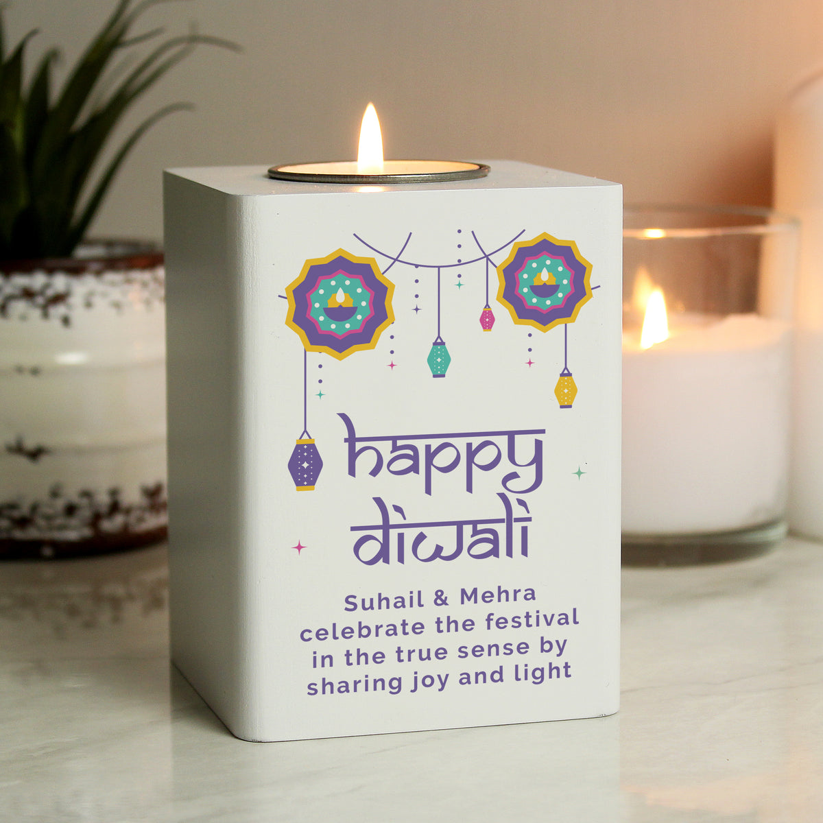 Personalised Wooden Tealight Holder | Diwali ‘Festival of Lights’ Gift - Artfully Curated Creations and identify whats in the image
