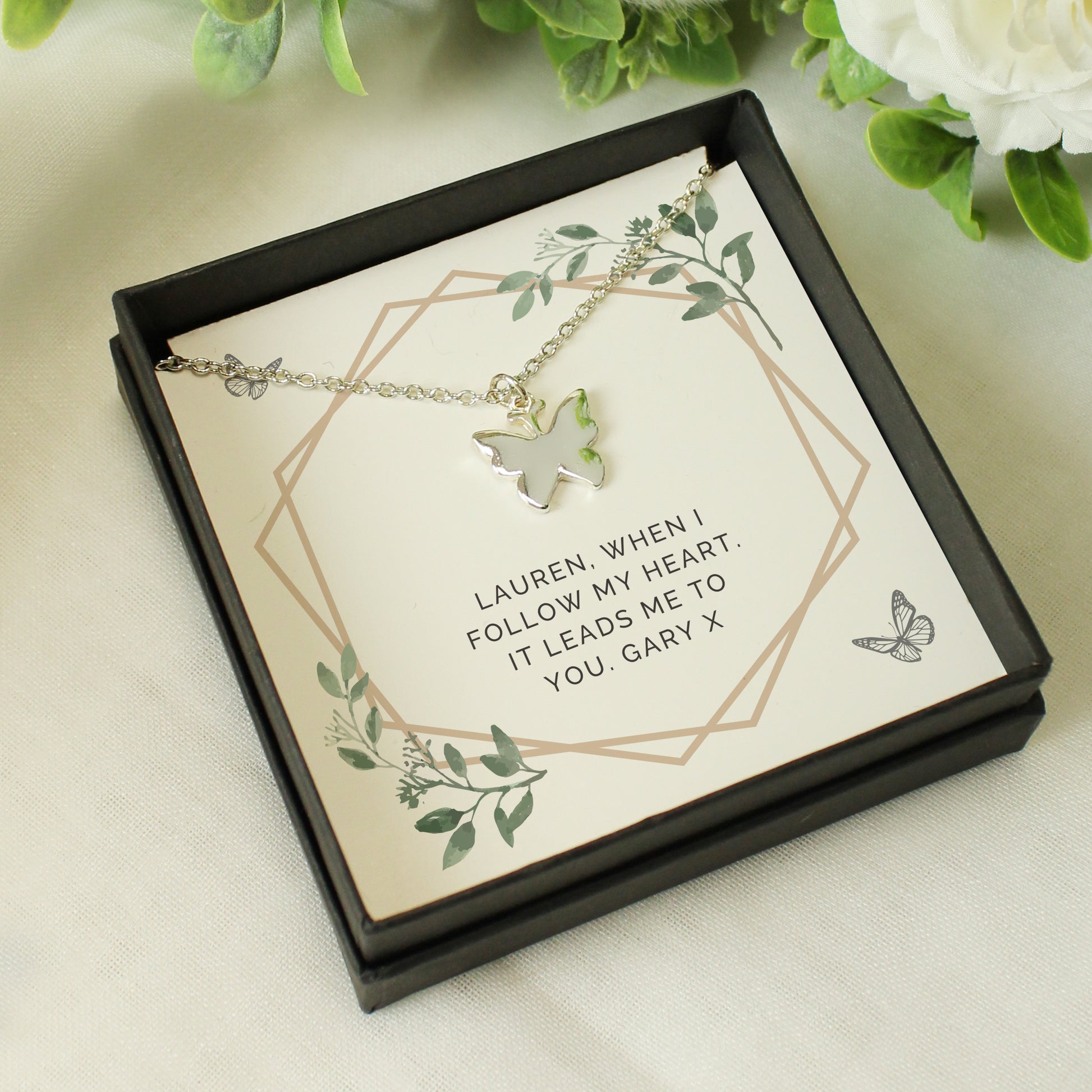 Personalised Butterfly Necklace | Engraved Sentiment Card & Gift Box for Any Occasion - Artfully Curated Creations and identify whats in the image