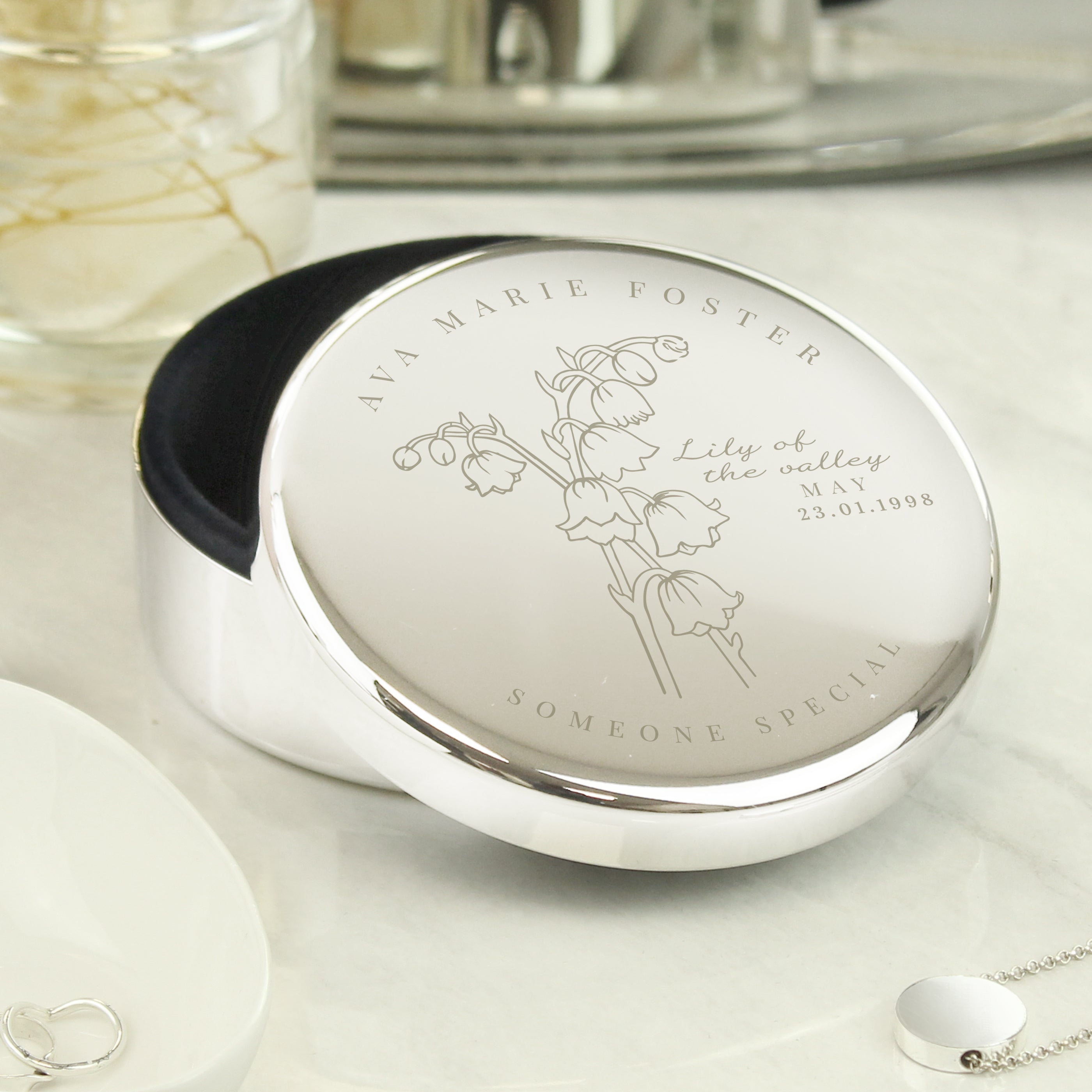 Personalised Birth Flower Round Trinket Box | A Meaningful Gift for Any Occasion