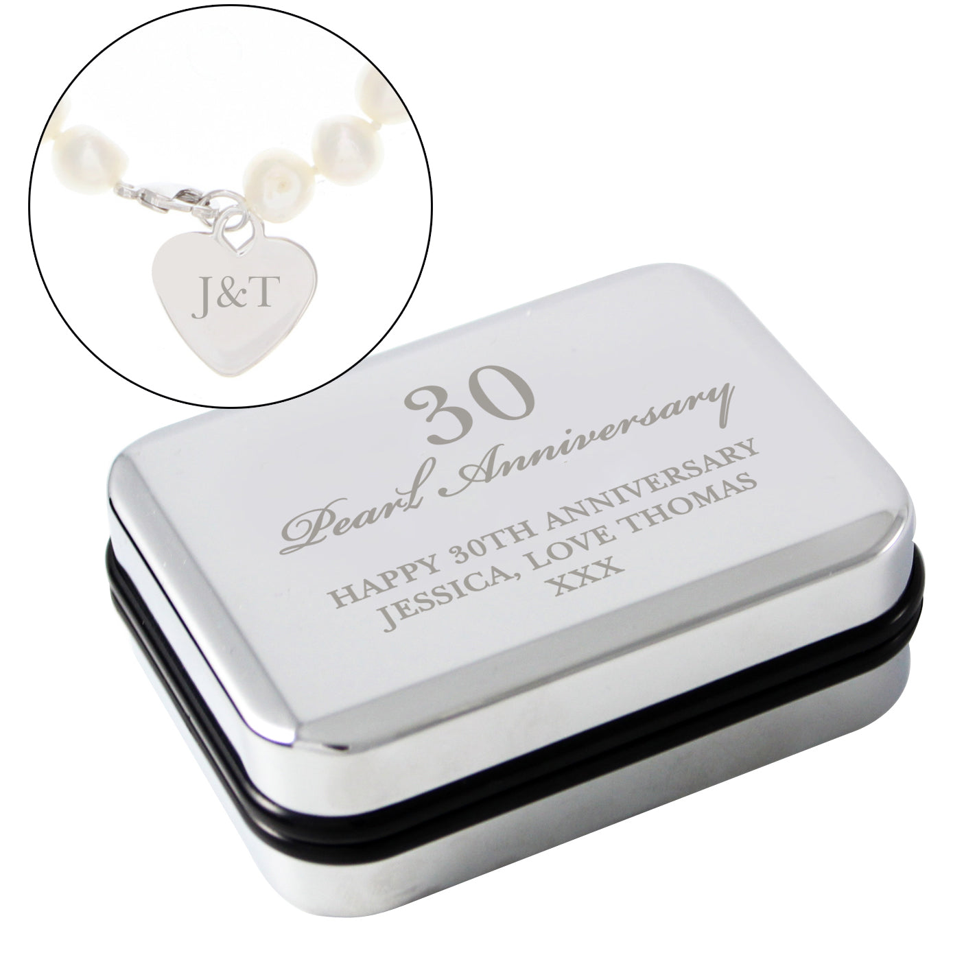Personalised Pearl Bracelet | Engraved Chrome Gift Box for Anniversaries & Special Occasions - Artfully Curated Creations and identify whats in the image