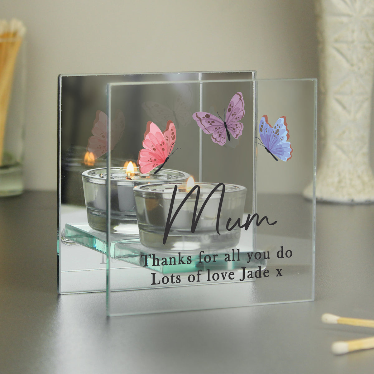 Personalised Butterfly Glass Tea Light Holder | Custom Message Gift for Mother’s Day & Birthdays - Artfully Curated Creations and identify whats in the image