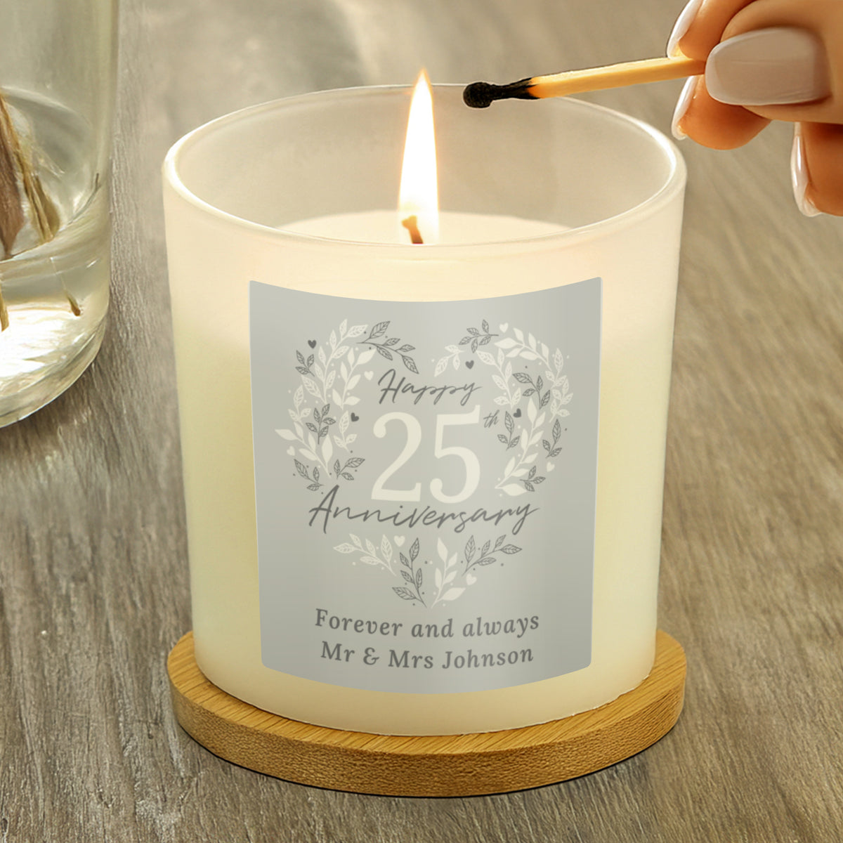 Personalised 25th Anniversary Vanilla Candle Jar | Silver Anniversary Keepsake - Artfully Curated Creations and identify whats in the image