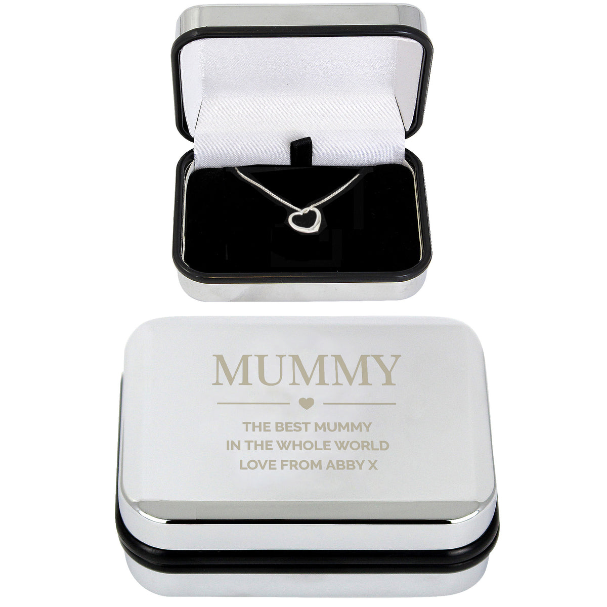 Personalised Sterling Silver Heart Necklace | Engraved Chrome Gift Box - Artfully Curated Creations and identify whats in the image