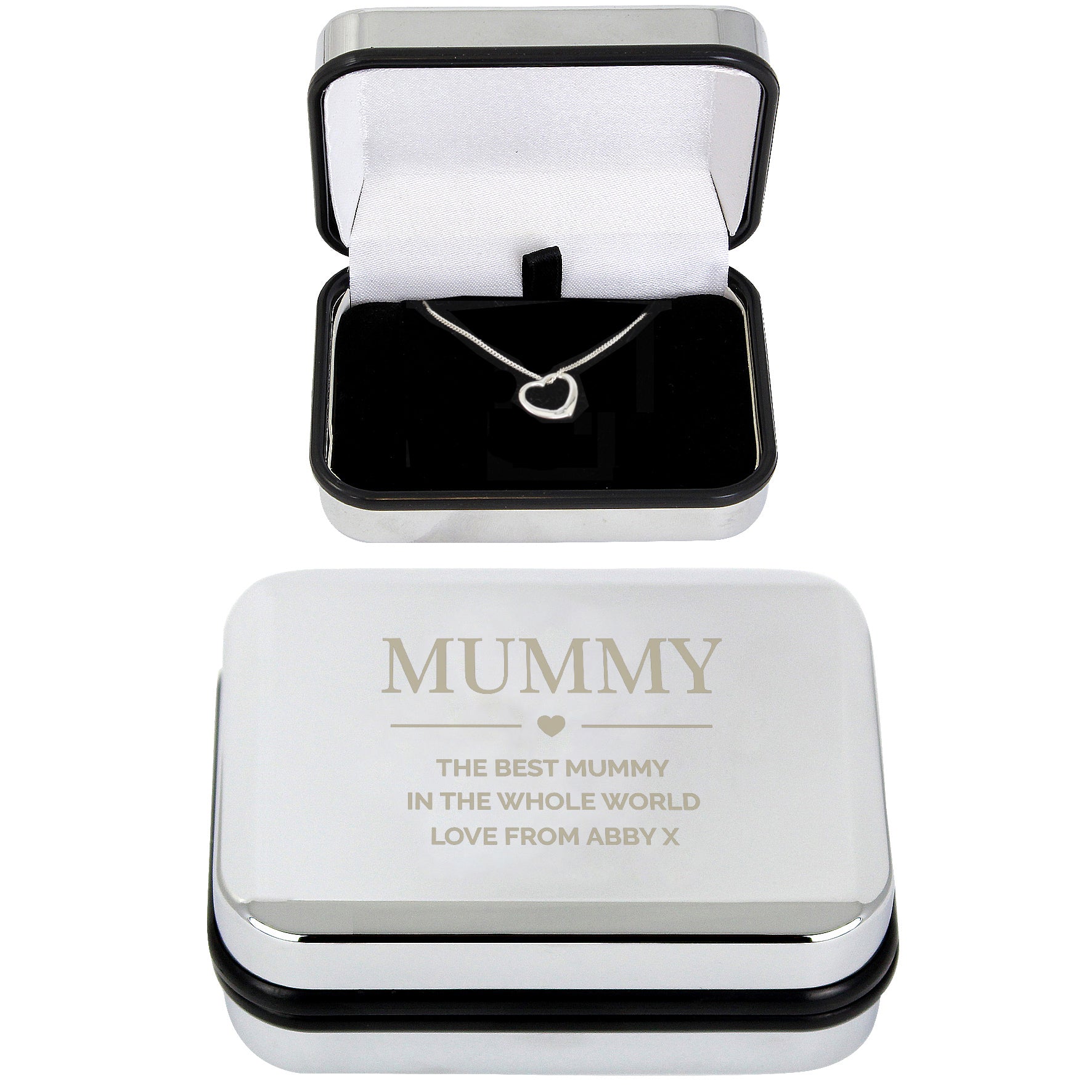 Personalised Sterling Silver Heart Necklace | Engraved Chrome Gift Box - Artfully Curated Creations and identify whats in the image