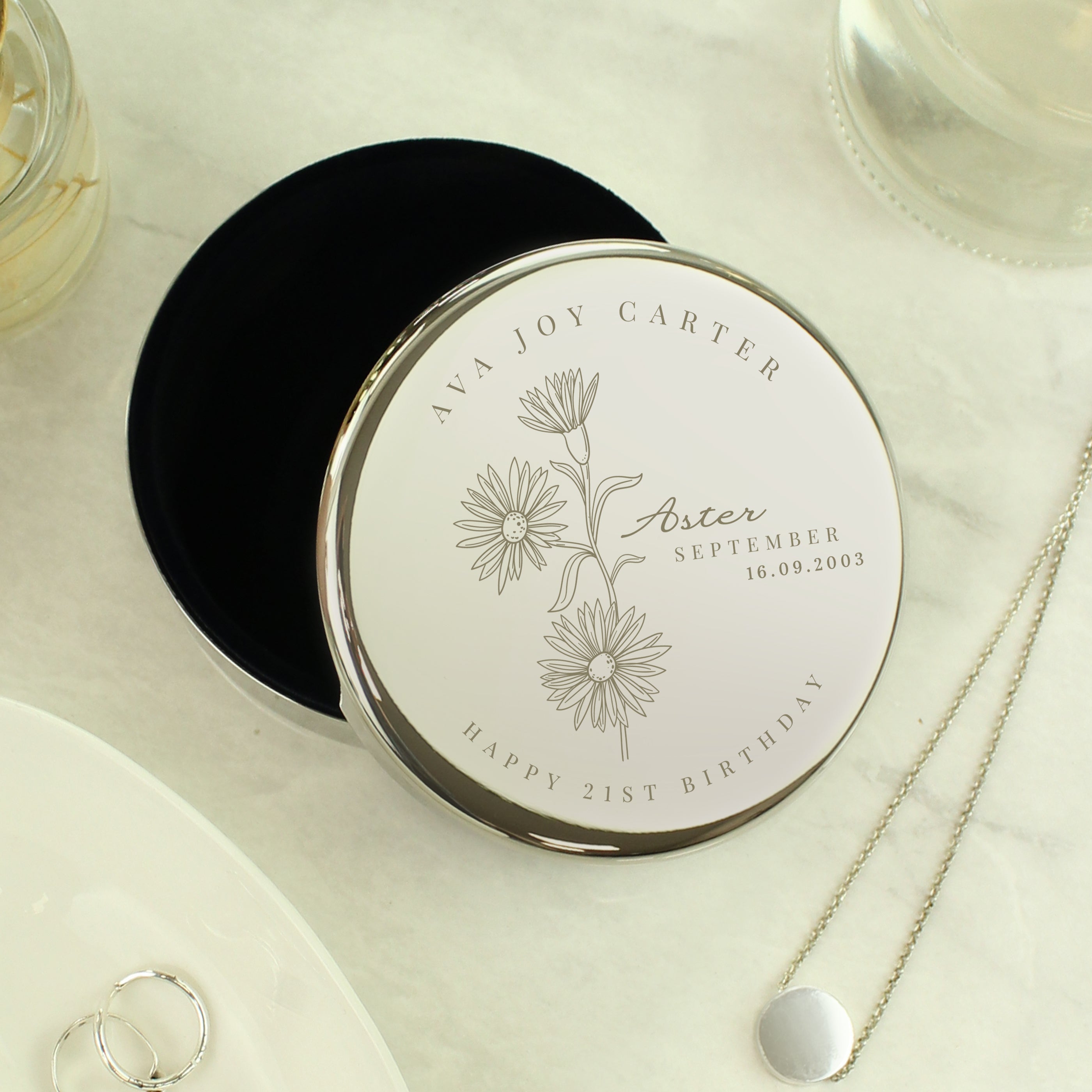 Personalised Birth Flower Round Trinket Box | A Meaningful Gift for Any Occasion