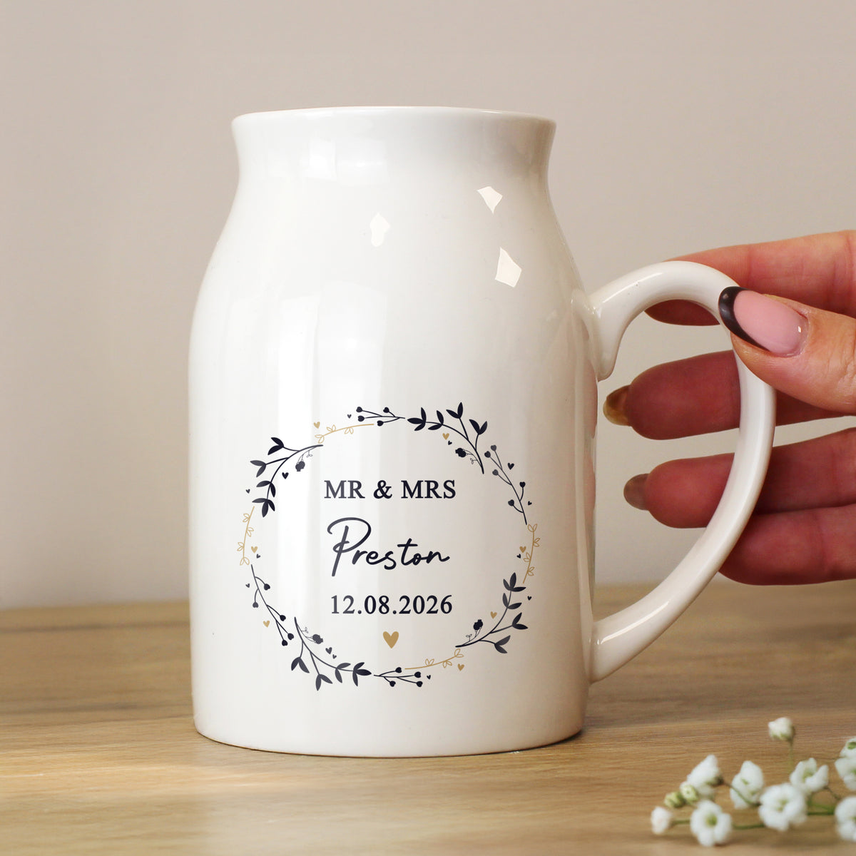 Personalised Floral Wreath Jug Vase | A Stylish Decorative Keepsake for Any Home - Artfully Curated Creations and identify whats in the image