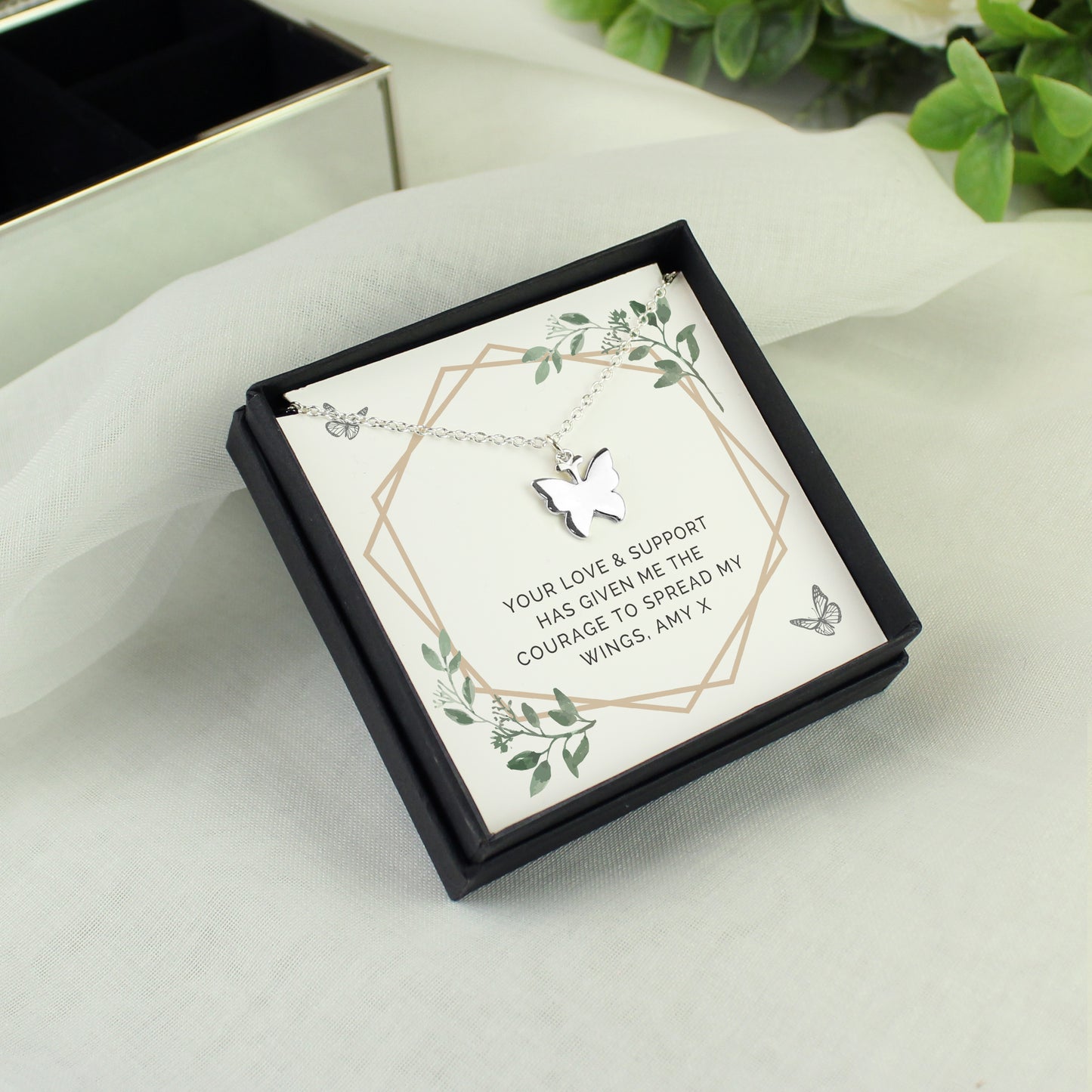 Personalised Butterfly Necklace | Engraved Sentiment Card & Gift Box for Any Occasion - Artfully Curated Creations and identify whats in the image