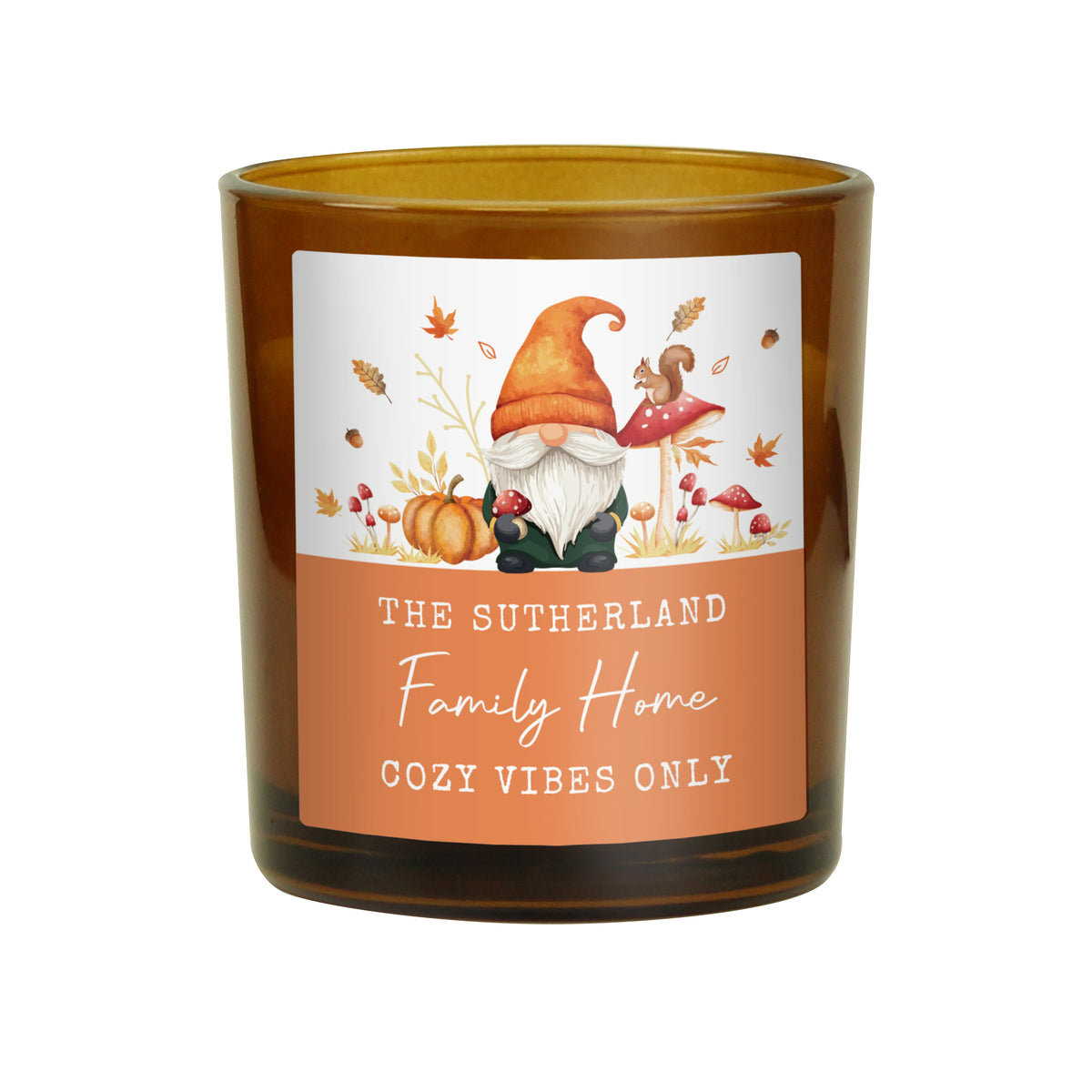 Personalised Amber Glass Vanilla Candle Jar | Custom Autumn & Halloween Gift - Artfully Curated Creations and identify whats in the image