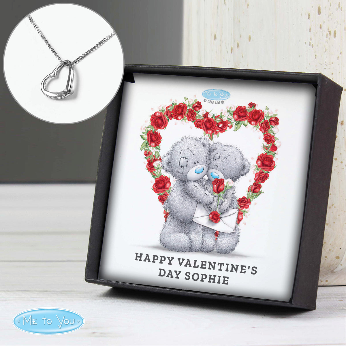 Personalised Me To You Valentine Heart Necklace | Engraved Sentiment Card & Gift Box - Artfully Curated Creations and identify whats in the image