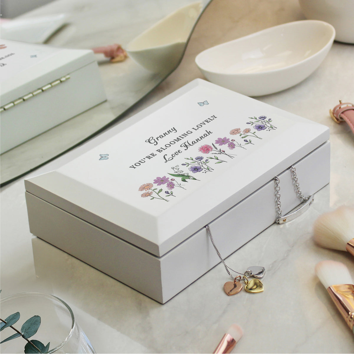 Personalised Wildflower White Wooden Jewellery Box | A Beautiful Keepsake for Cherished Treasures - Artfully Curated Creations and identify whats in the image
