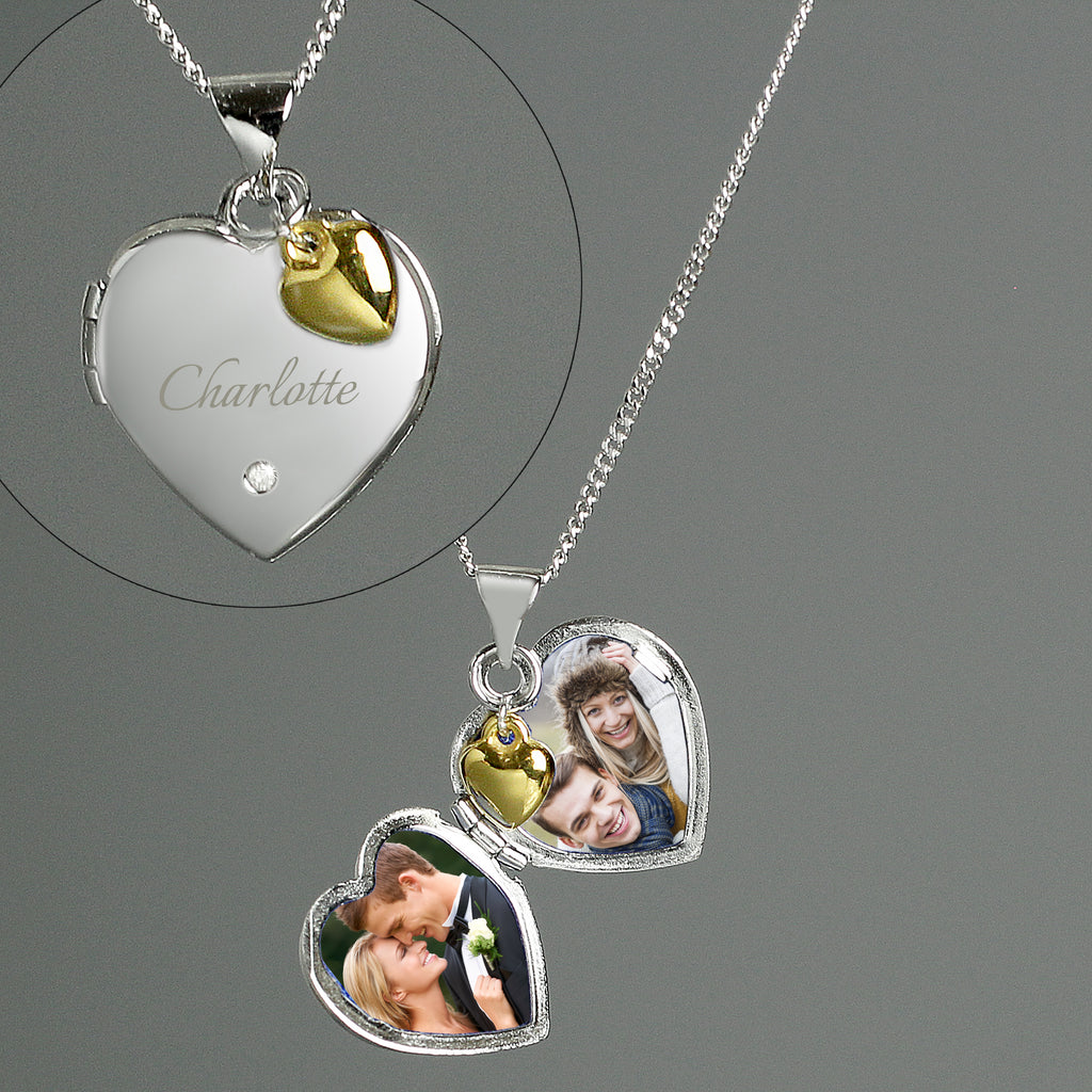 Personalised Sterling Silver & Gold Plated Diamond Heart Locket | Engraved Name & Photo Keepsake Necklace