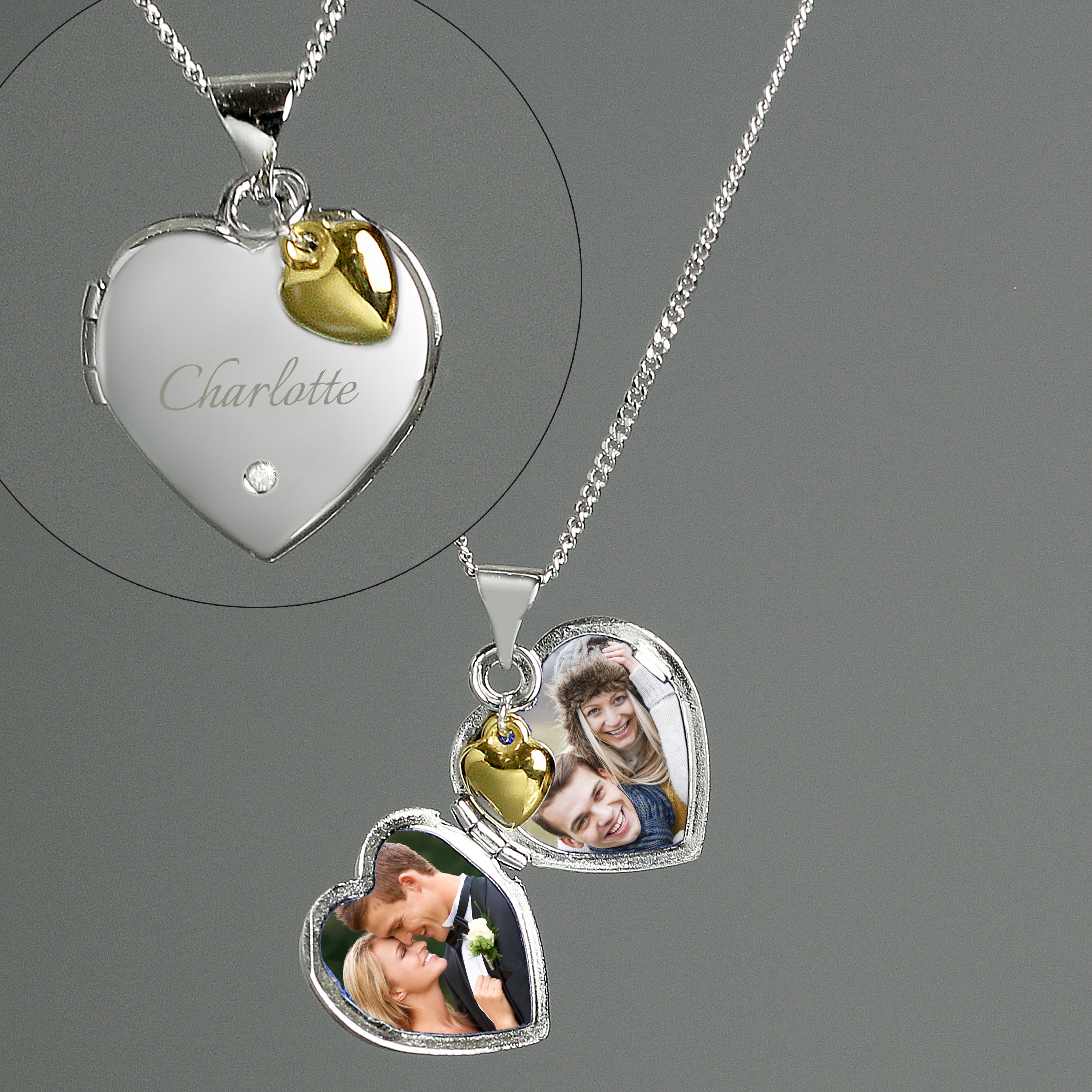 Personalised Sterling Silver & Gold Plated Diamond Heart Locket | Engraved Name & Photo Keepsake Necklace