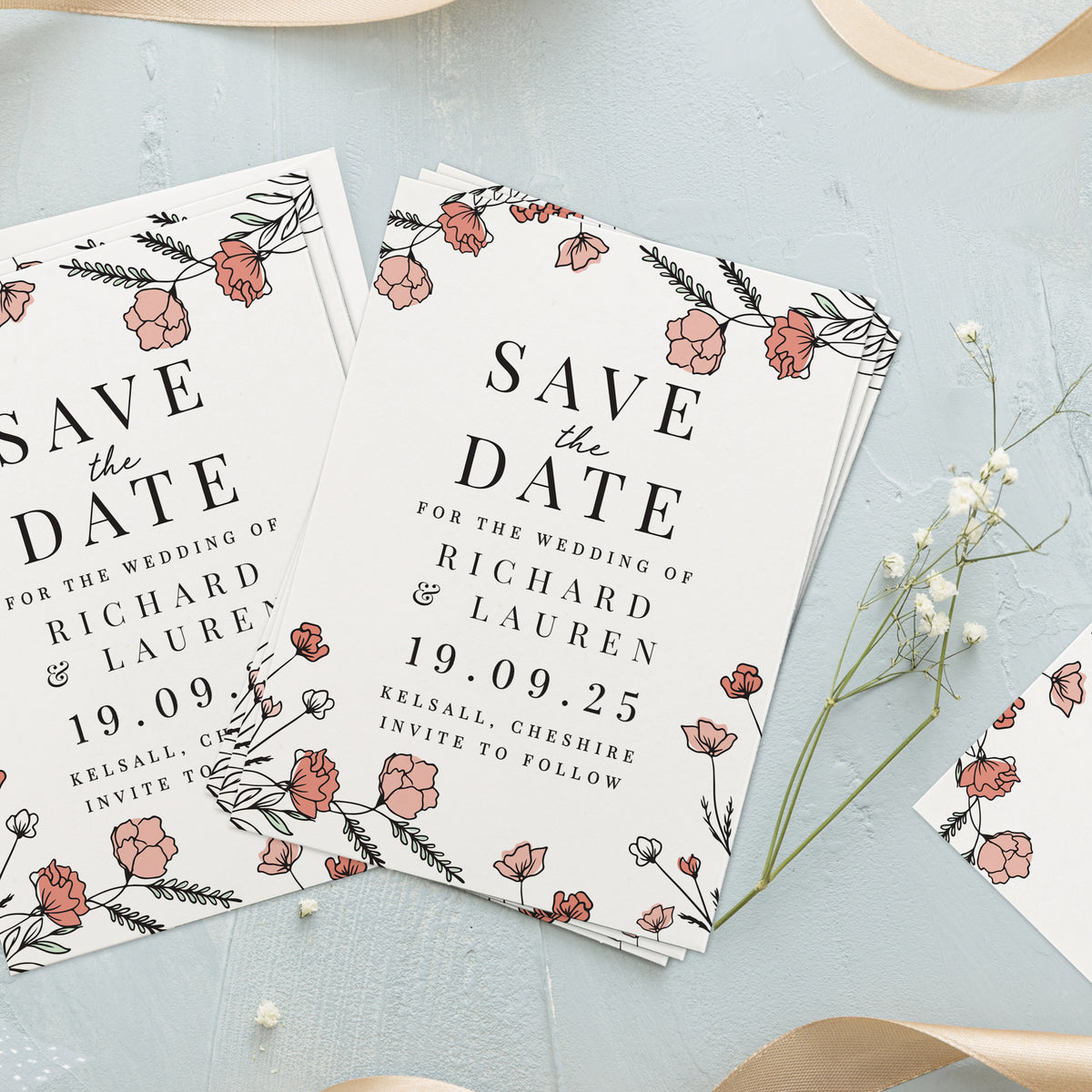 Personalised Pink Floral Save the Date Cards | A Stylish Way to Announce Your Wedding - Artfully Curated Creations and identify whats in the image