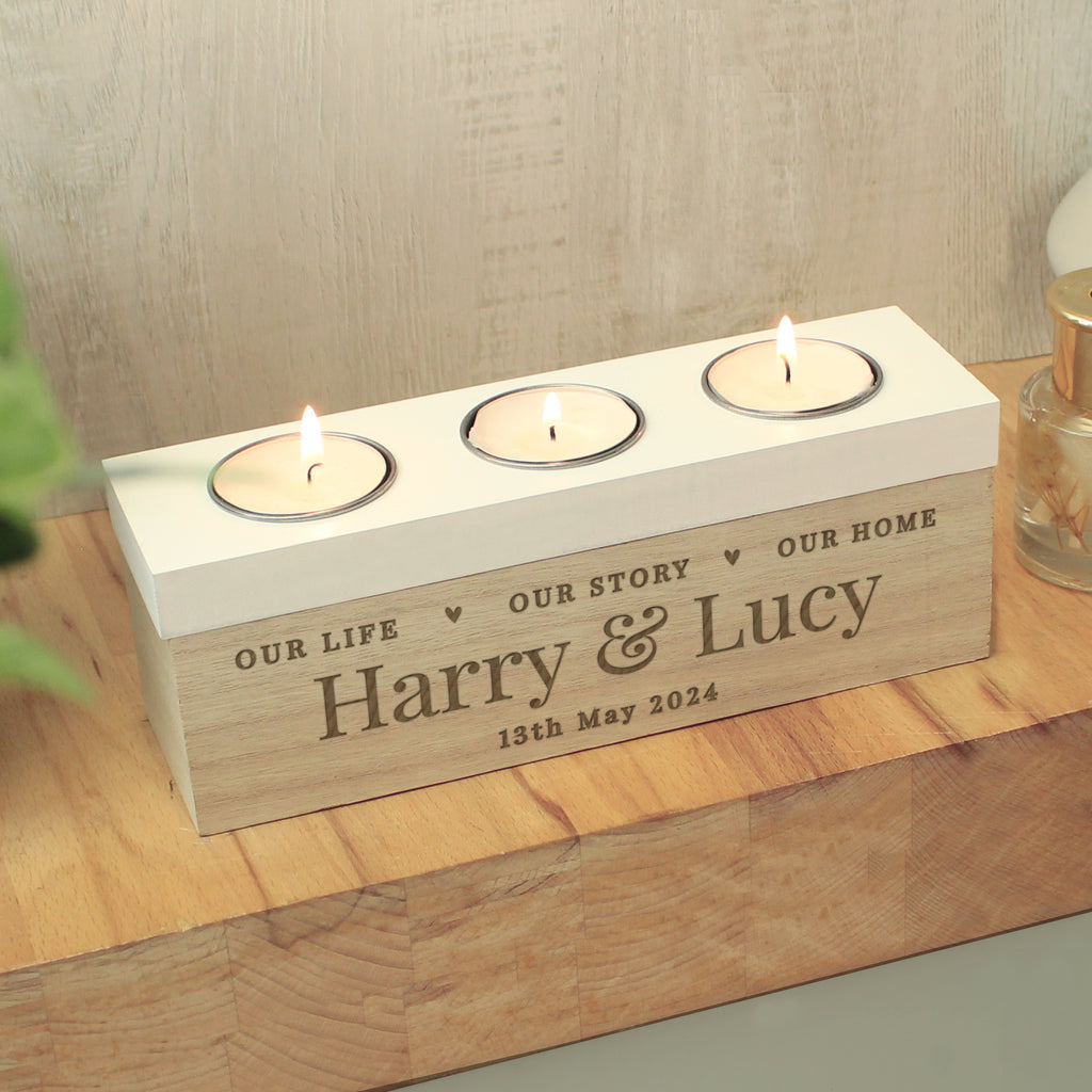 Personalised Wooden Triple Tealight Holder | A Heartfelt Keepsake for Any Home