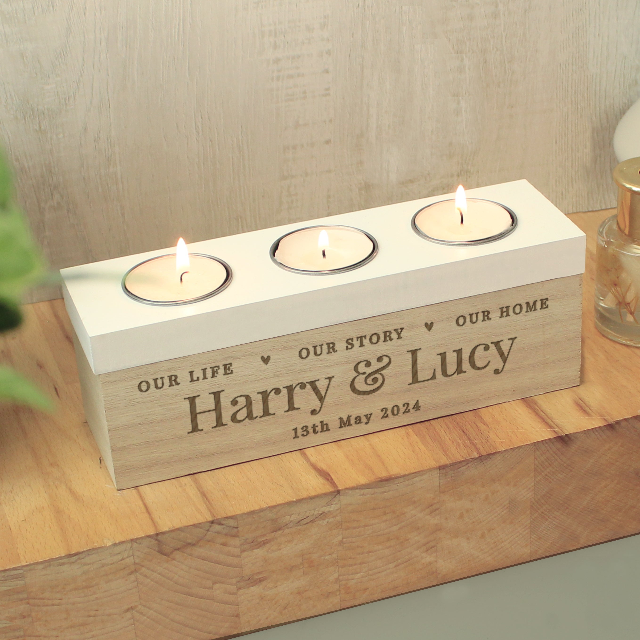 Personalised Wooden Triple Tealight Holder | A Heartfelt Keepsake for Any Home