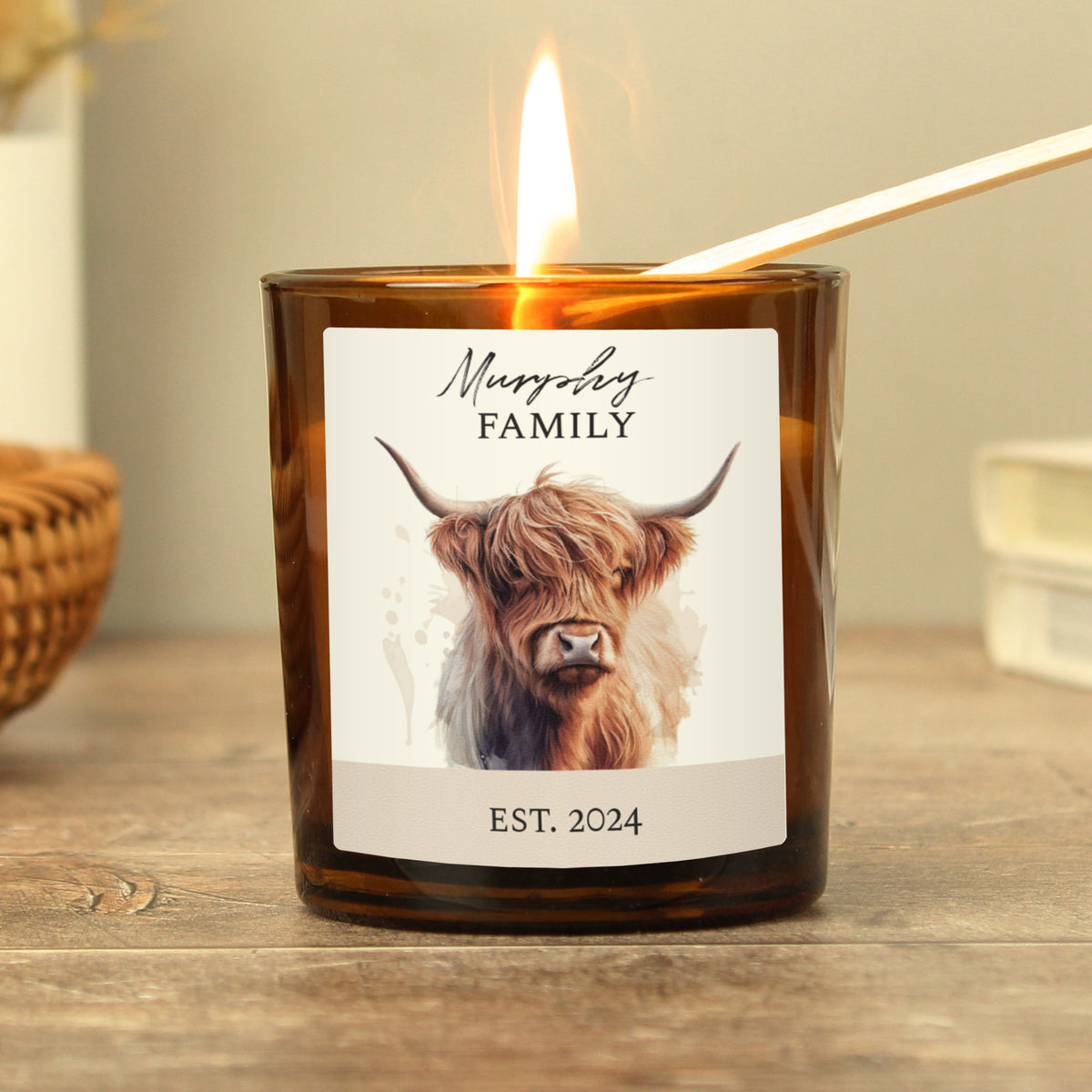 Personalised Highland Cow Amber Glass Vanilla Candle Jar | Custom Message Gift for Any Occasion - Artfully Curated Creations and identify whats in the image