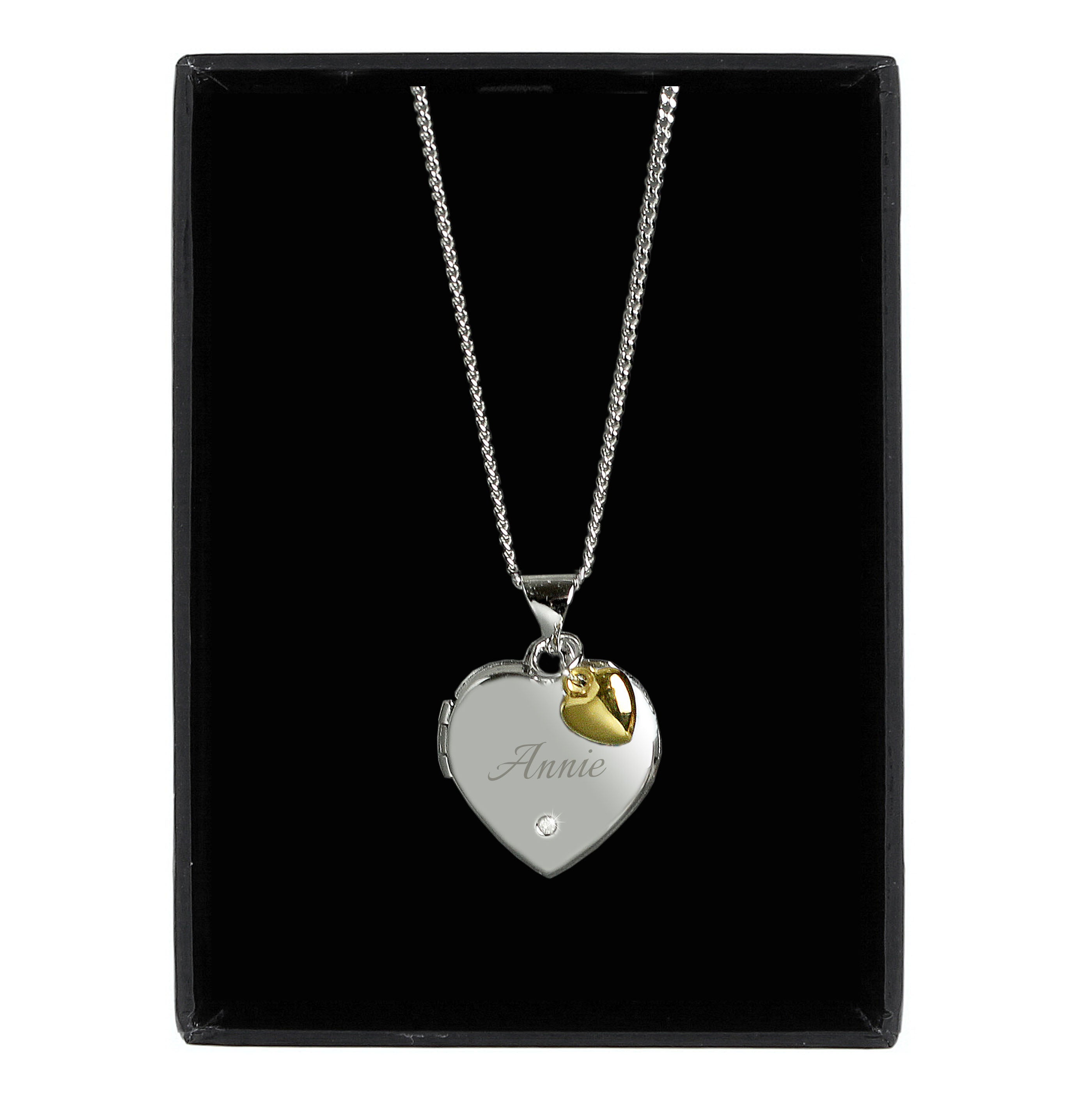 Personalised Sterling Silver & Gold Plated Diamond Heart Locket | Engraved Name & Photo Keepsake Necklace