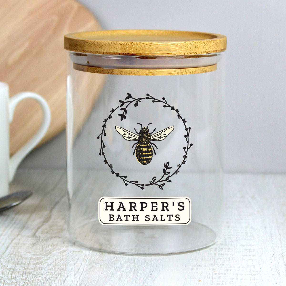Personalised Bee Glass Jar | A Sweet & Stylish Way to Store Your Essentials - Artfully Curated Creations and identify whats in the image