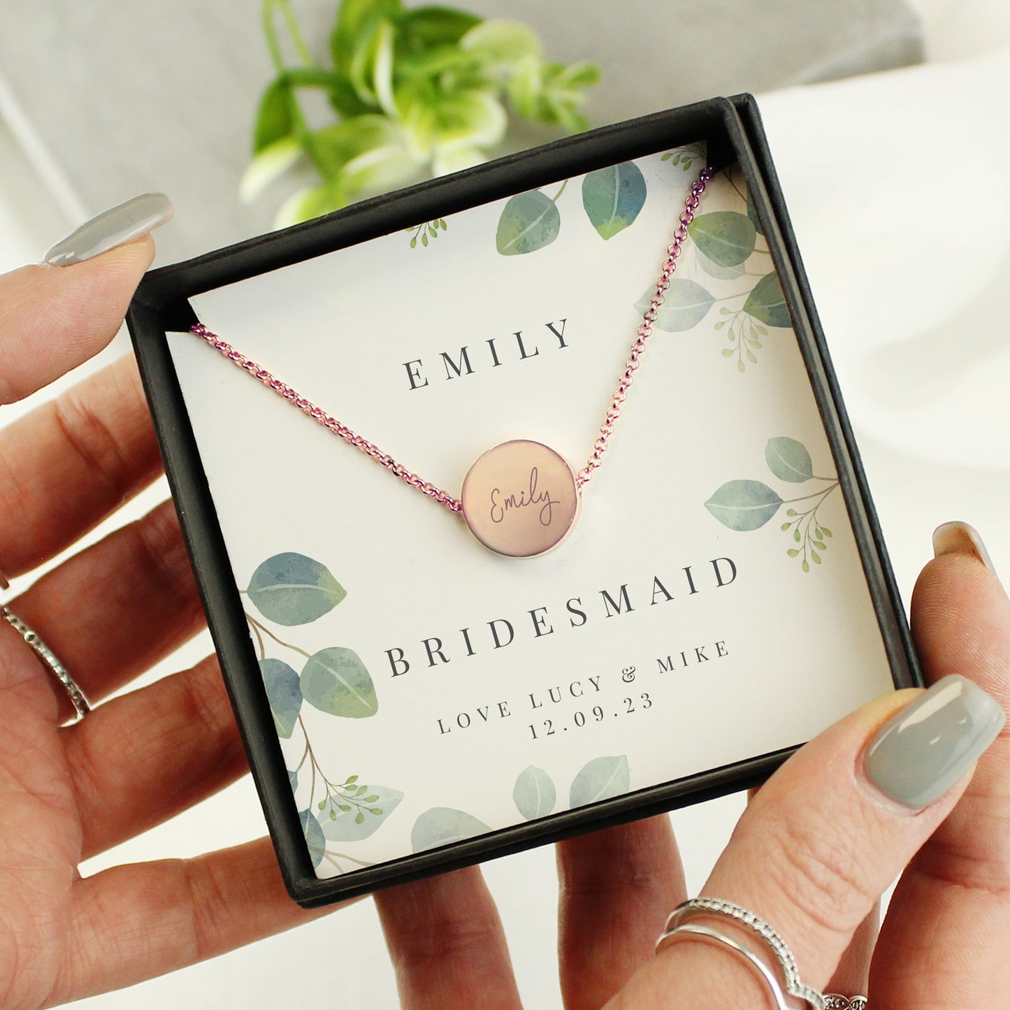 Personalised Disc Necklace|  Engraved Gift Box for Bridesmaids, Weddings & Special Occasions - Artfully Curated Creations and identify whats in the image