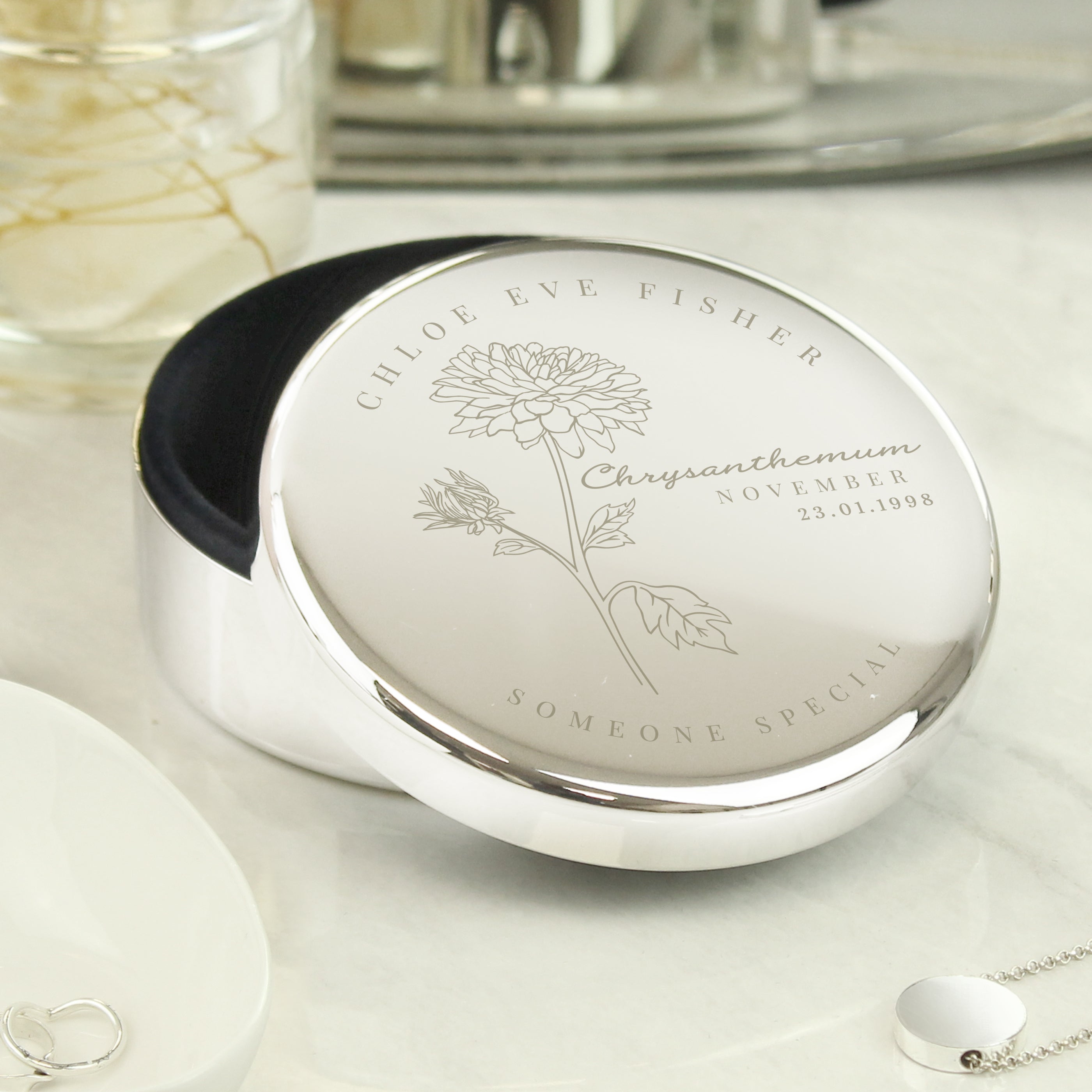 Personalised Birth Flower Round Trinket Box | A Meaningful Gift for Any Occasion