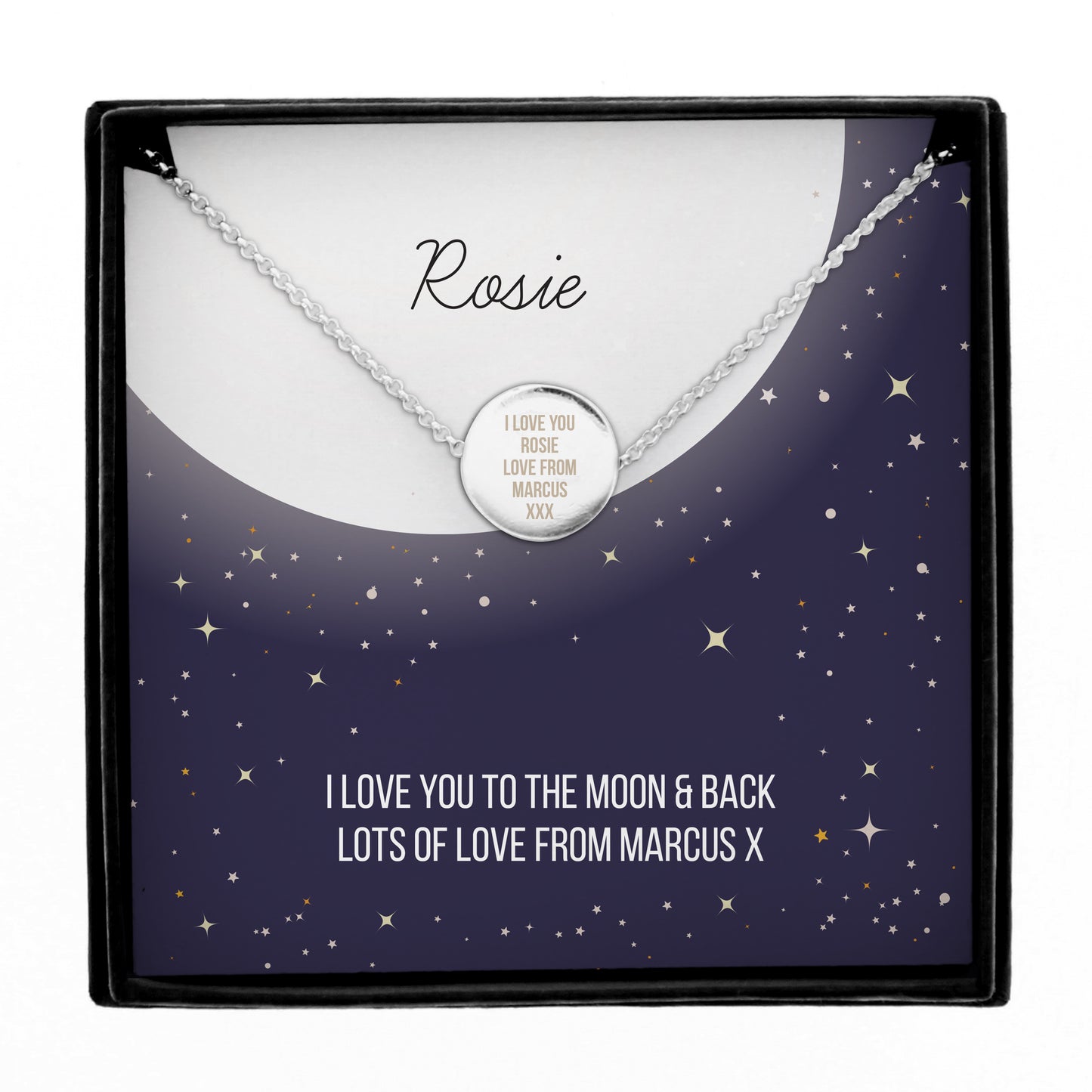 Personalised Silver Tone Necklace | Engraved Pendant & Keepsake Sentiment Card Gift Box - Artfully Curated Creations and identify whats in the image