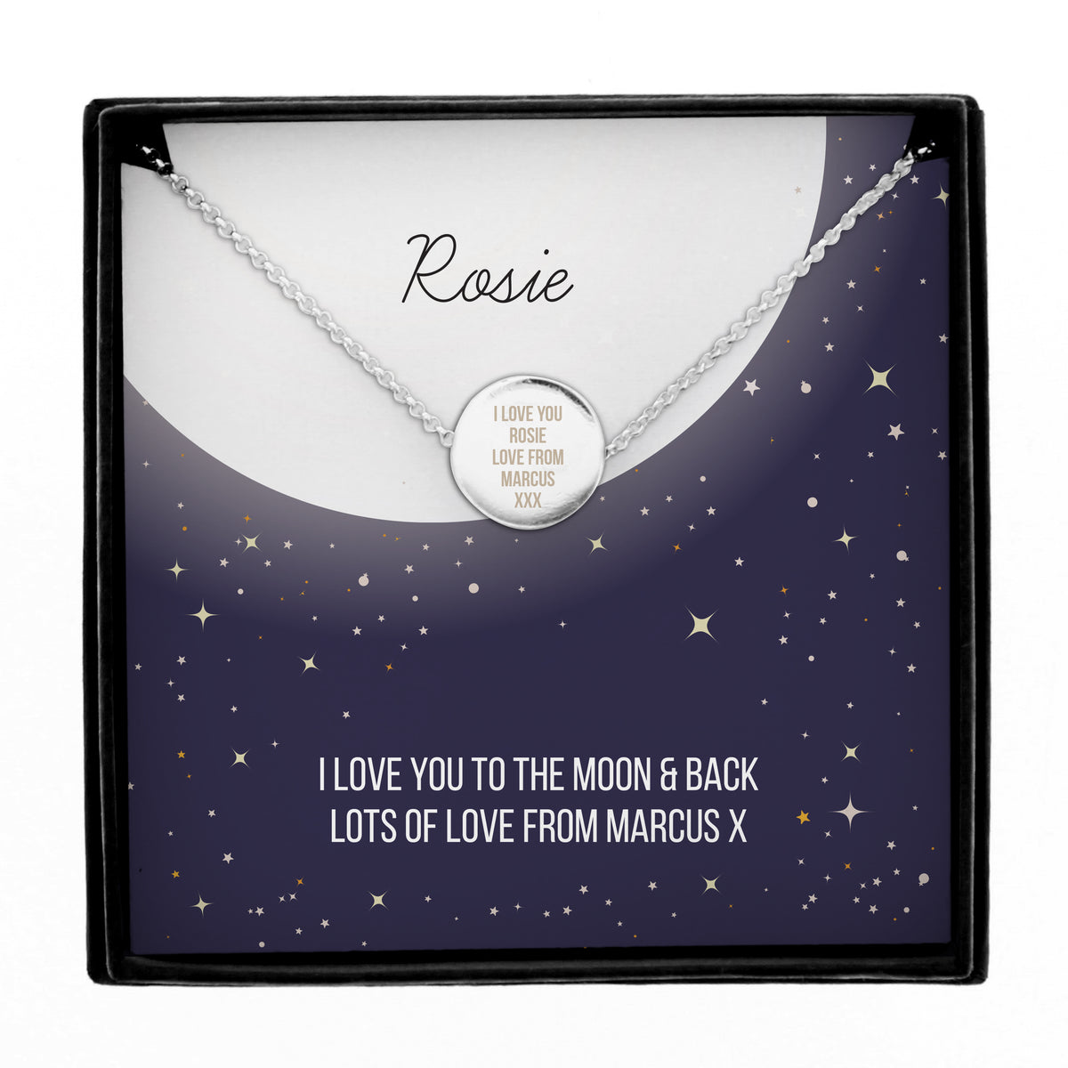 Personalised Silver Tone Necklace | Engraved Pendant & Keepsake Sentiment Card Gift Box - Artfully Curated Creations and identify whats in the image