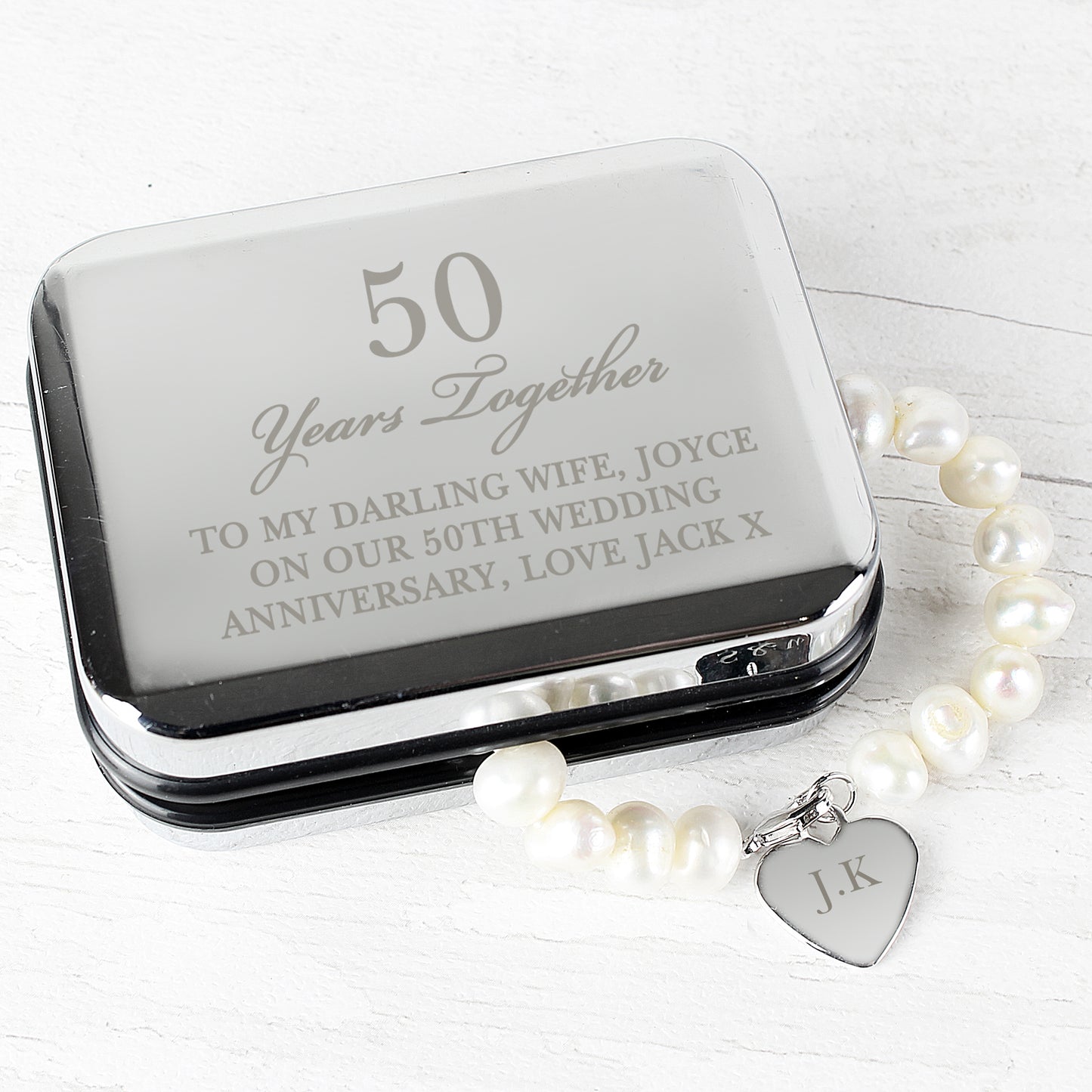 Personalised Pearl Bracelet | Engraved Chrome Gift Box for Anniversaries & Special Occasions - Artfully Curated Creations and identify whats in the image