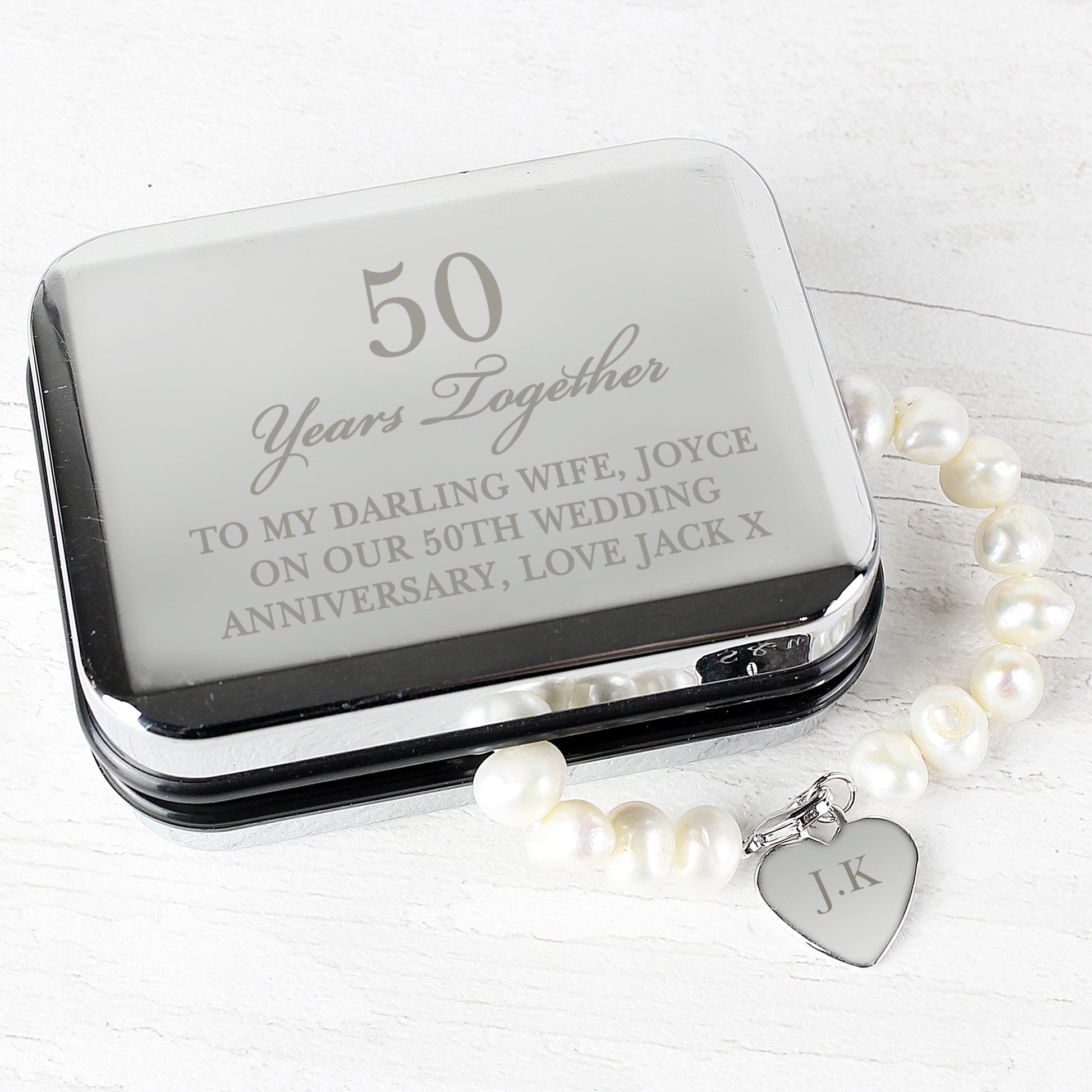 Personalised Pearl Bracelet | Engraved Chrome Gift Box for Anniversaries & Special Occasions - Artfully Curated Creations and identify whats in the image