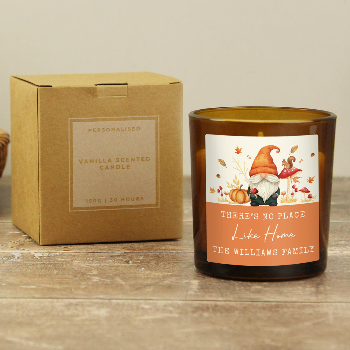 Personalised Amber Glass Vanilla Candle Jar | Custom Autumn & Halloween Gift - Artfully Curated Creations and identify whats in the image